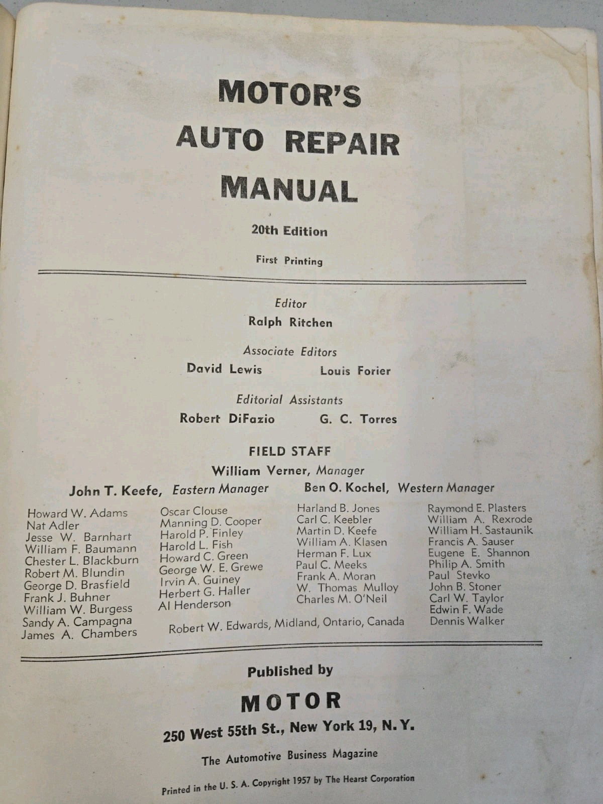 Motor’s Auto Repair Manual 1949-1957 Models 20th Edition