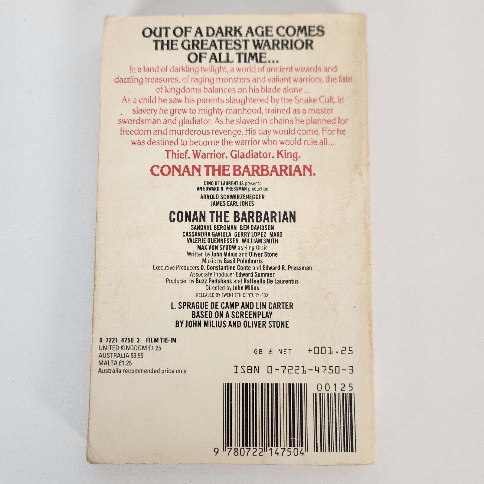 Conan the Barbarian 1982 Movie Tie-In UK Printing Vintage Paperback Fair Conditn