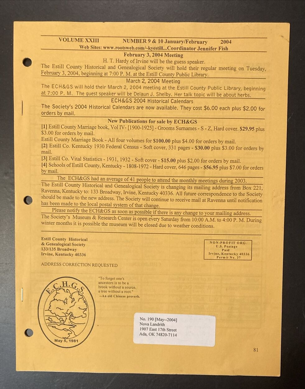 Estill County Kentucky Genealogical Society 2004 Newsletter 6 Issues ECHGS