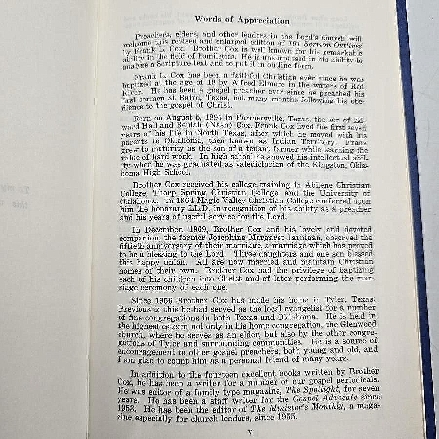 Vintage 101 Sermon Outlines Frank Cox HC 1971 Preaching Christian Book Vintage