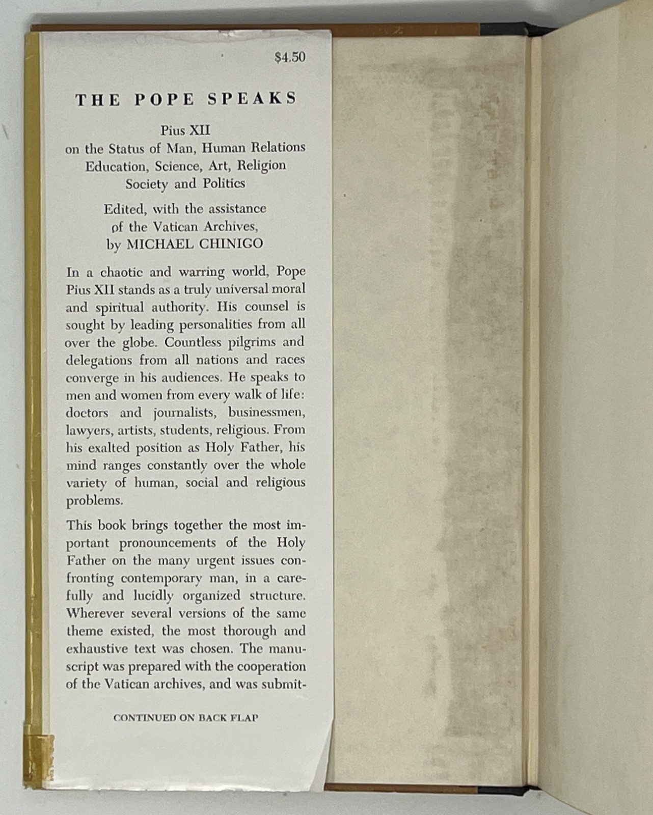 VTG The Pope Speaks: The Teachings of Pope Pius XII – 1957 HC/DJ Pantheon Books