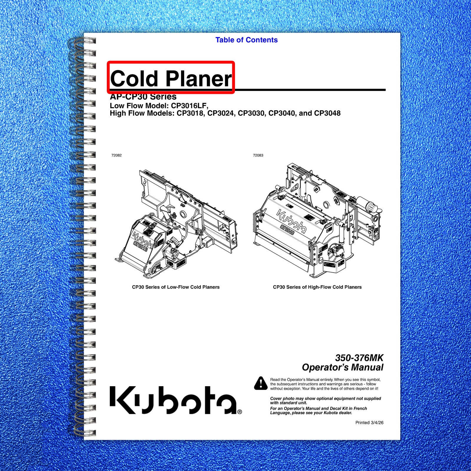 LAND PRIDE CP30 Series Cold Planers Operators Manual – WIRE BOUND – TOUGH COVERS