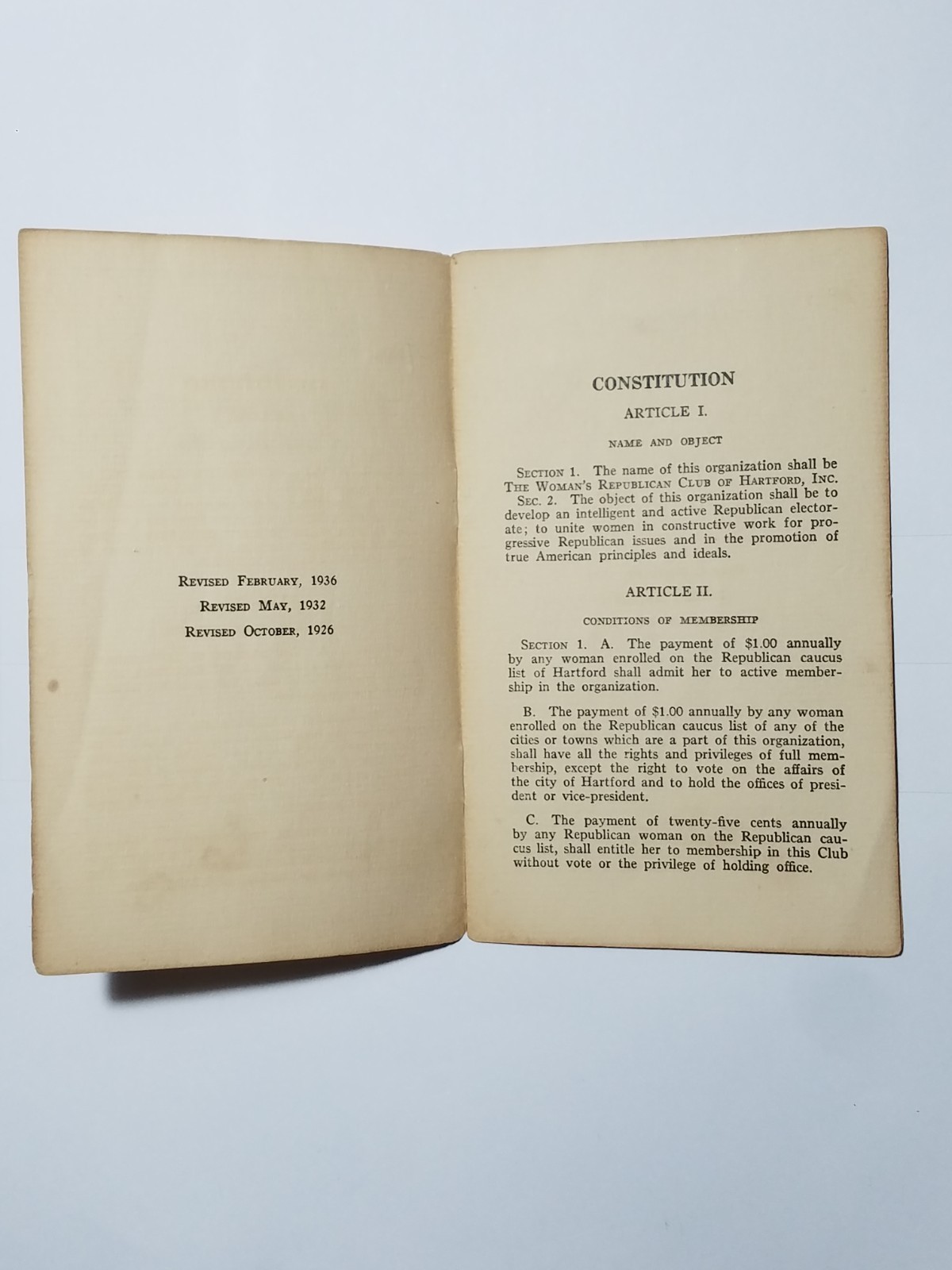 Collectors 1924 Womans Republican Club Of Hartford CT Constitution & Laws Book