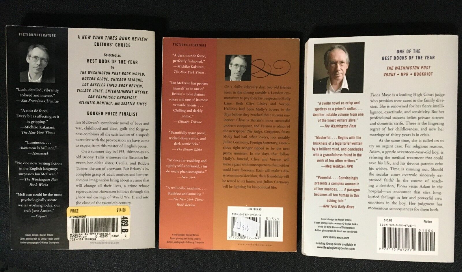 Lot 3 IAN MCEWAN Novels Atonement AMSTERDAM Booker Prize Winner The Children Act