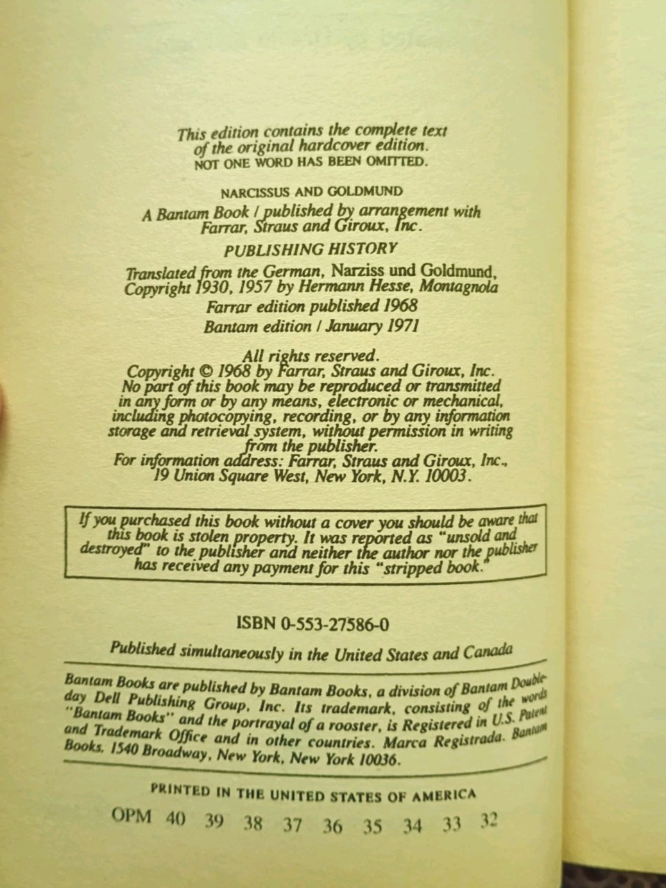 Narcissus and Goldmund Hermann Hesse – Vintage Bantam Edition – 1971