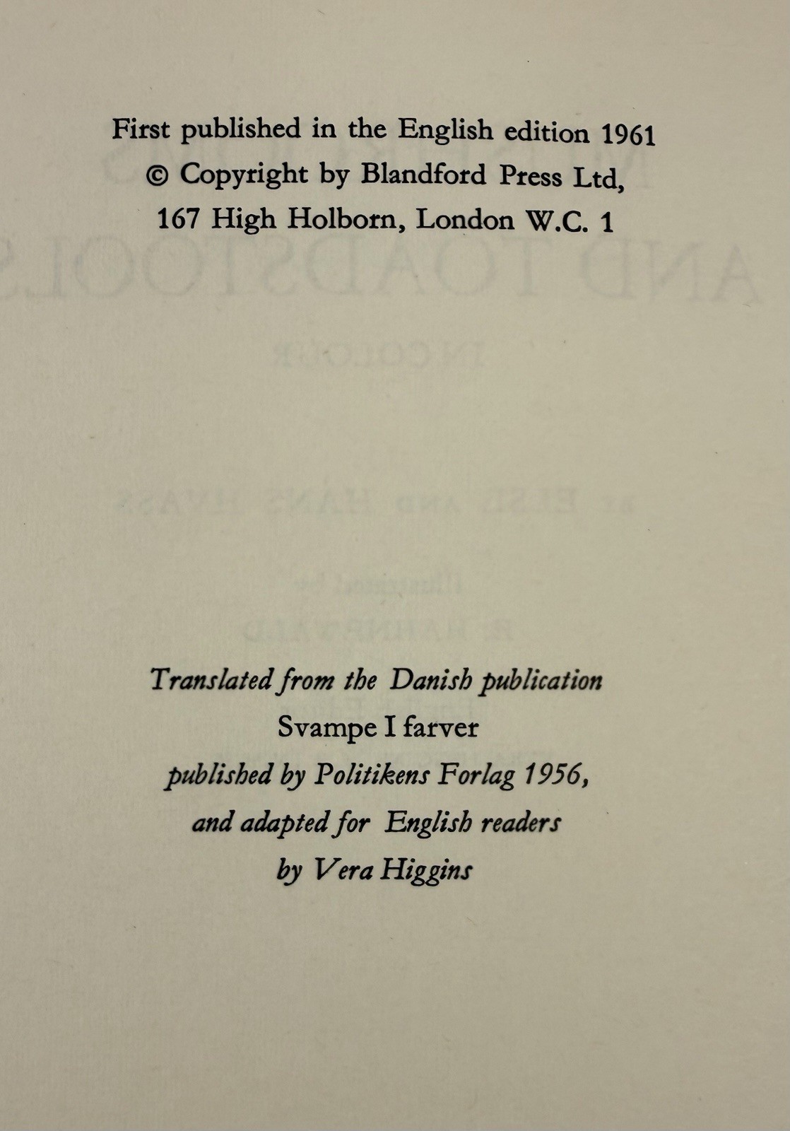 1961 Mushrooms Toadstools in Colour Blandford First Edition Dust Jacket Hvass