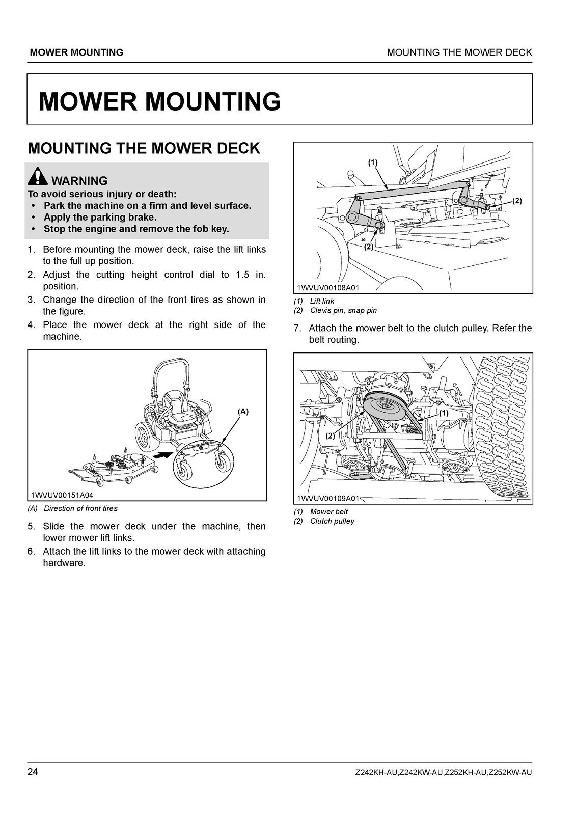 KUBOTA Z242KH-AU Z242KW-AU Z252KH-AU ZERO TURN MOWER OPERATORS MANUAL – FASTENED