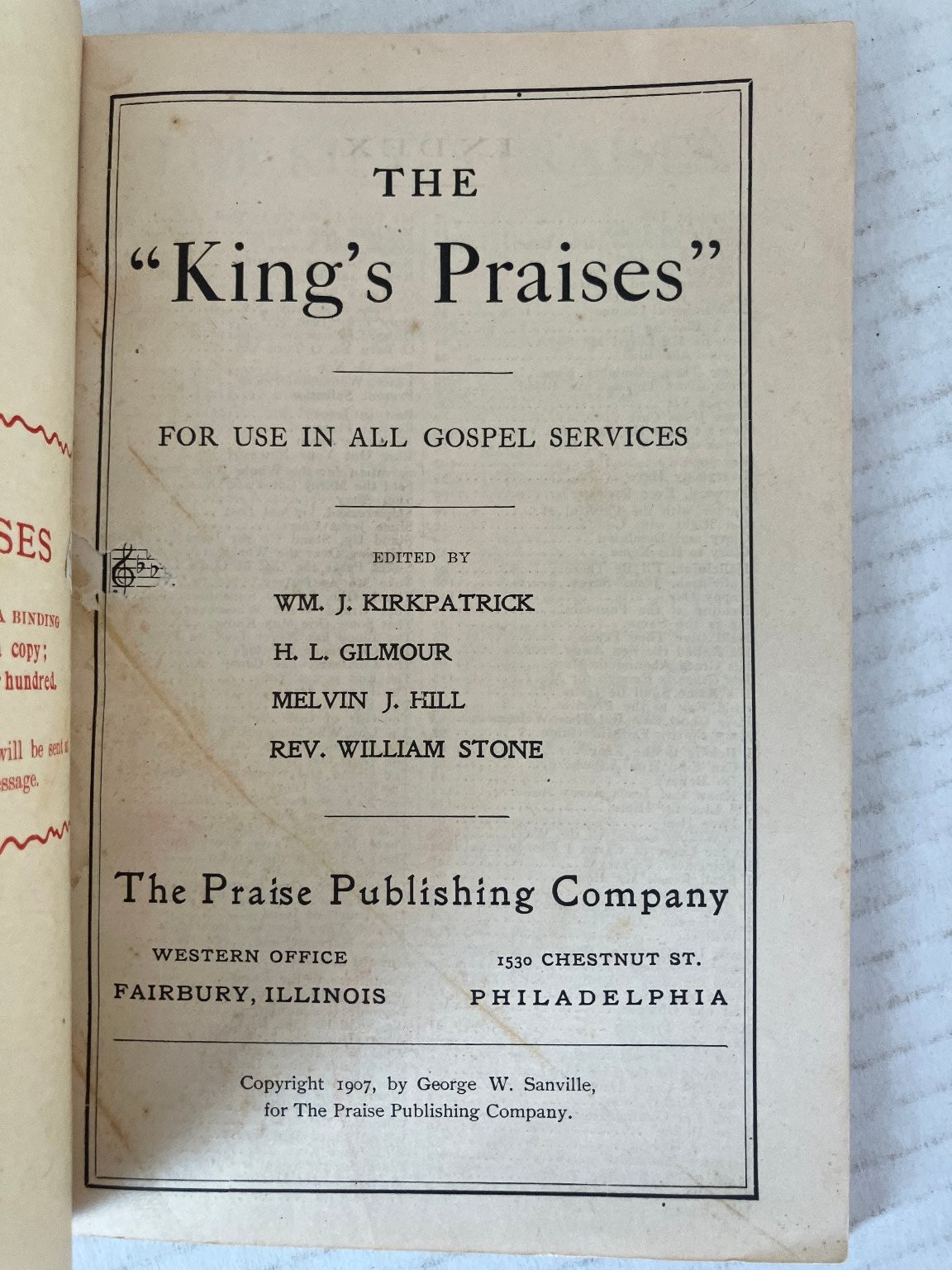 The King’s Praises 1907 Kirkpatrick Gilmour Hill Stone Hymnal Songbook Paperback