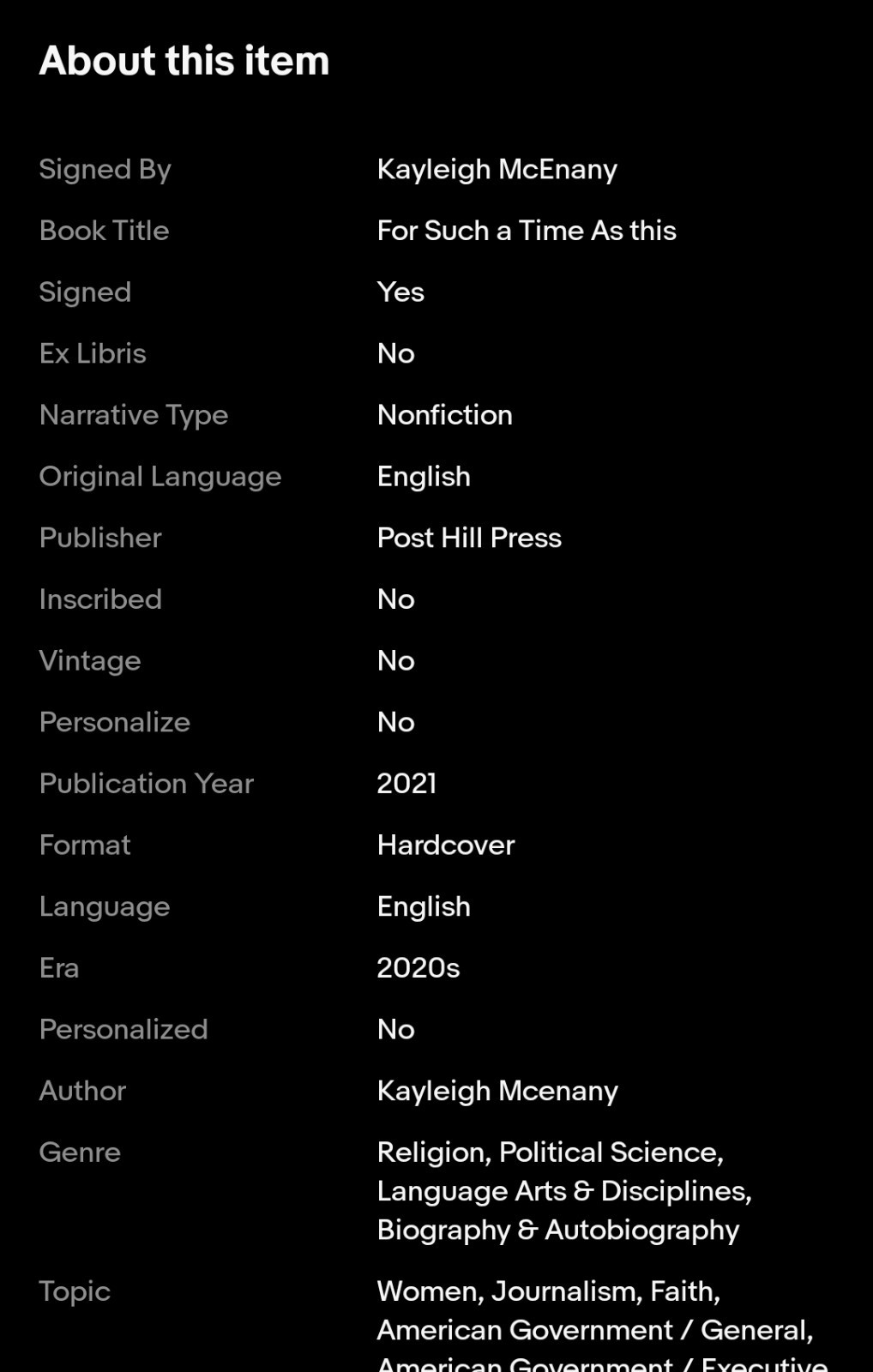 Kayleigh McEnany Signed Hardcover For Such a Time As This 2021 Post Hill Press