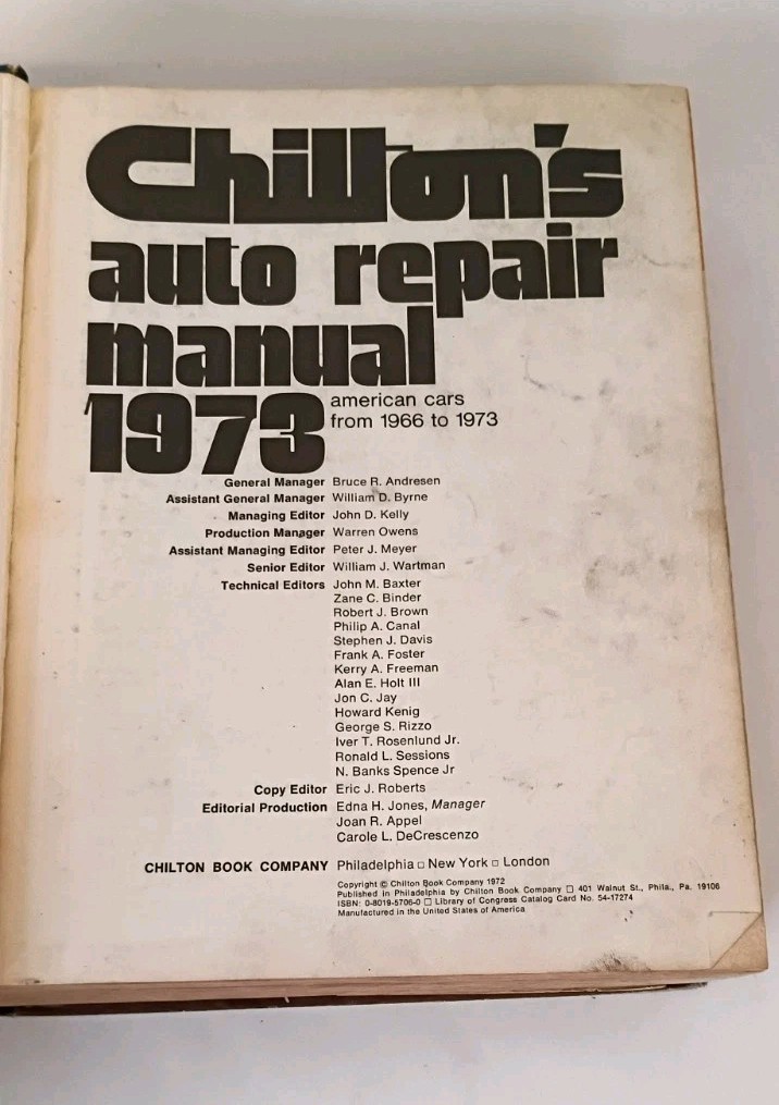 Chilton’s Auto Repair Manual Book; American Cars from 1966 to 1973