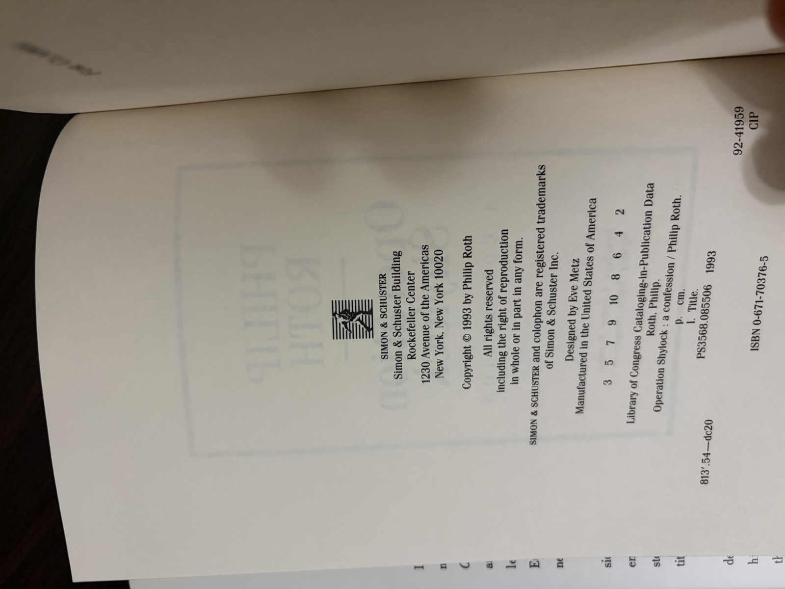 Philip Roth Operation Shylock: A Confession Hardcover w/ Dust Jacket (1993)