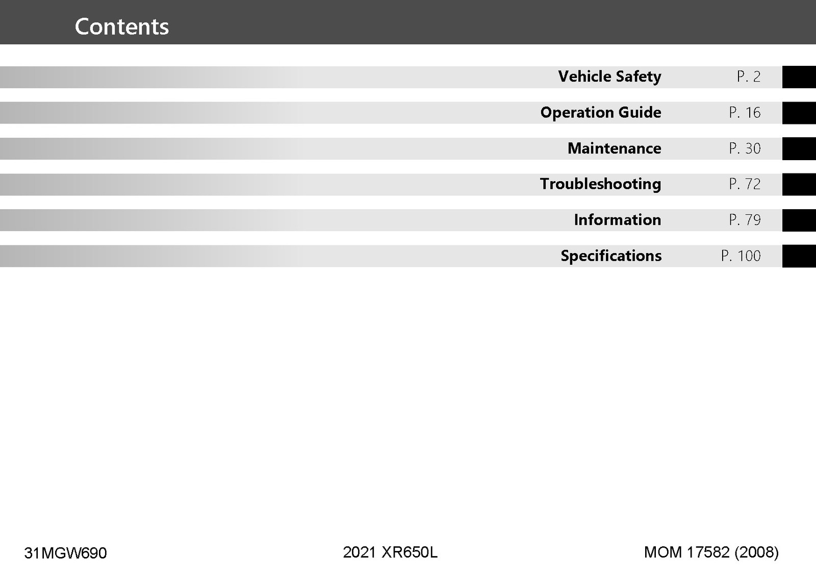 HONDA 2021 XR650L Motorcycle Owners Manual FASTENED, FRONT & BACK, XL FOLDOUT PA