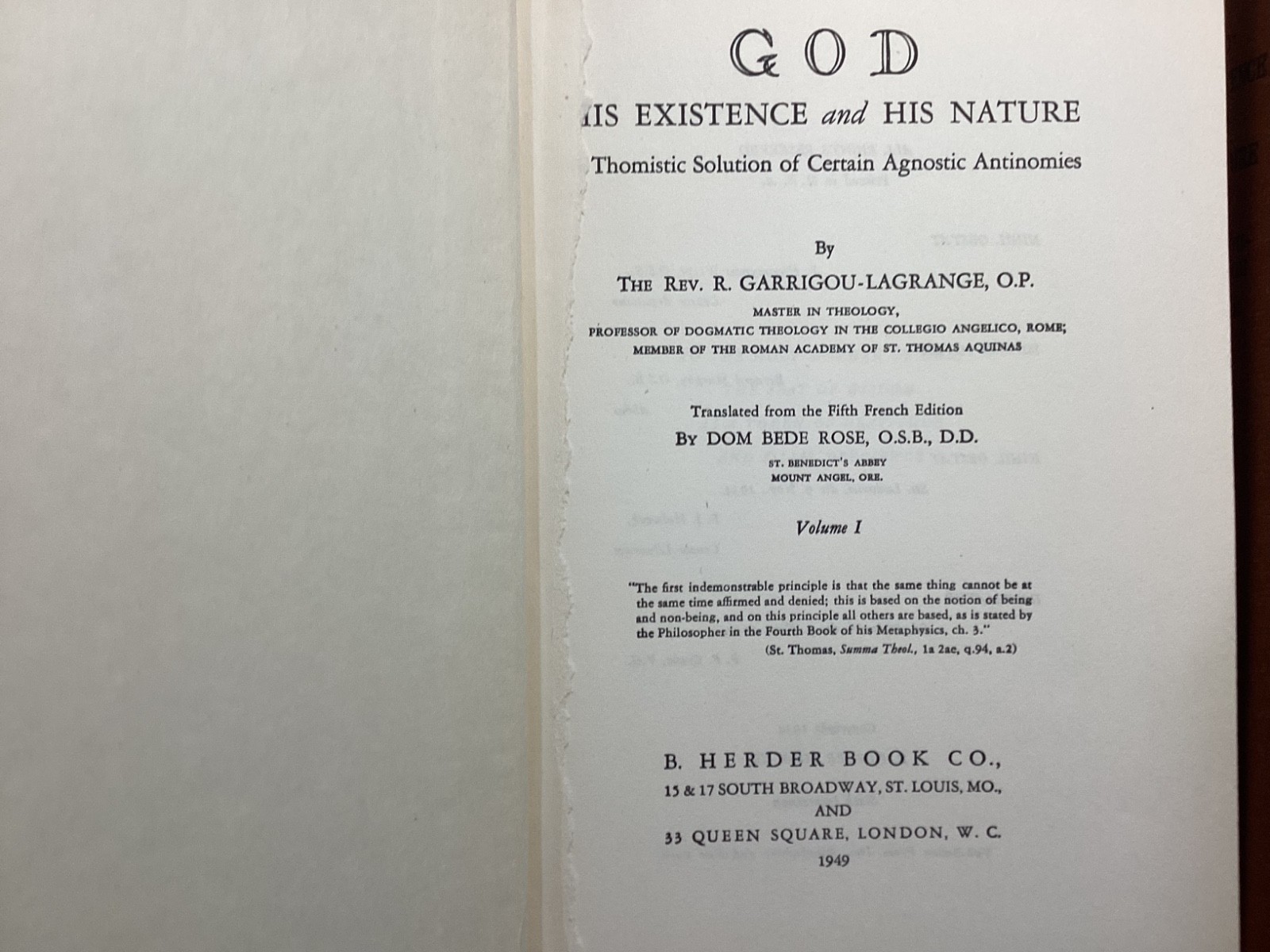 God His Existence and His Nature 2 volume Set Garrigou-Lagrange 1949