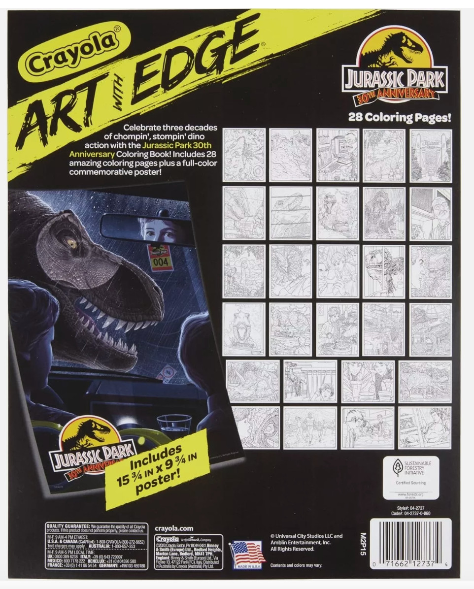 Crayola Art with Edge Jurassic Park 30th Anniversary NEW 28 Pages + 1 Poster