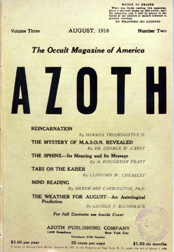 Azoth: The Occult Magazine of America. Near complete run on DVD or USB Drive