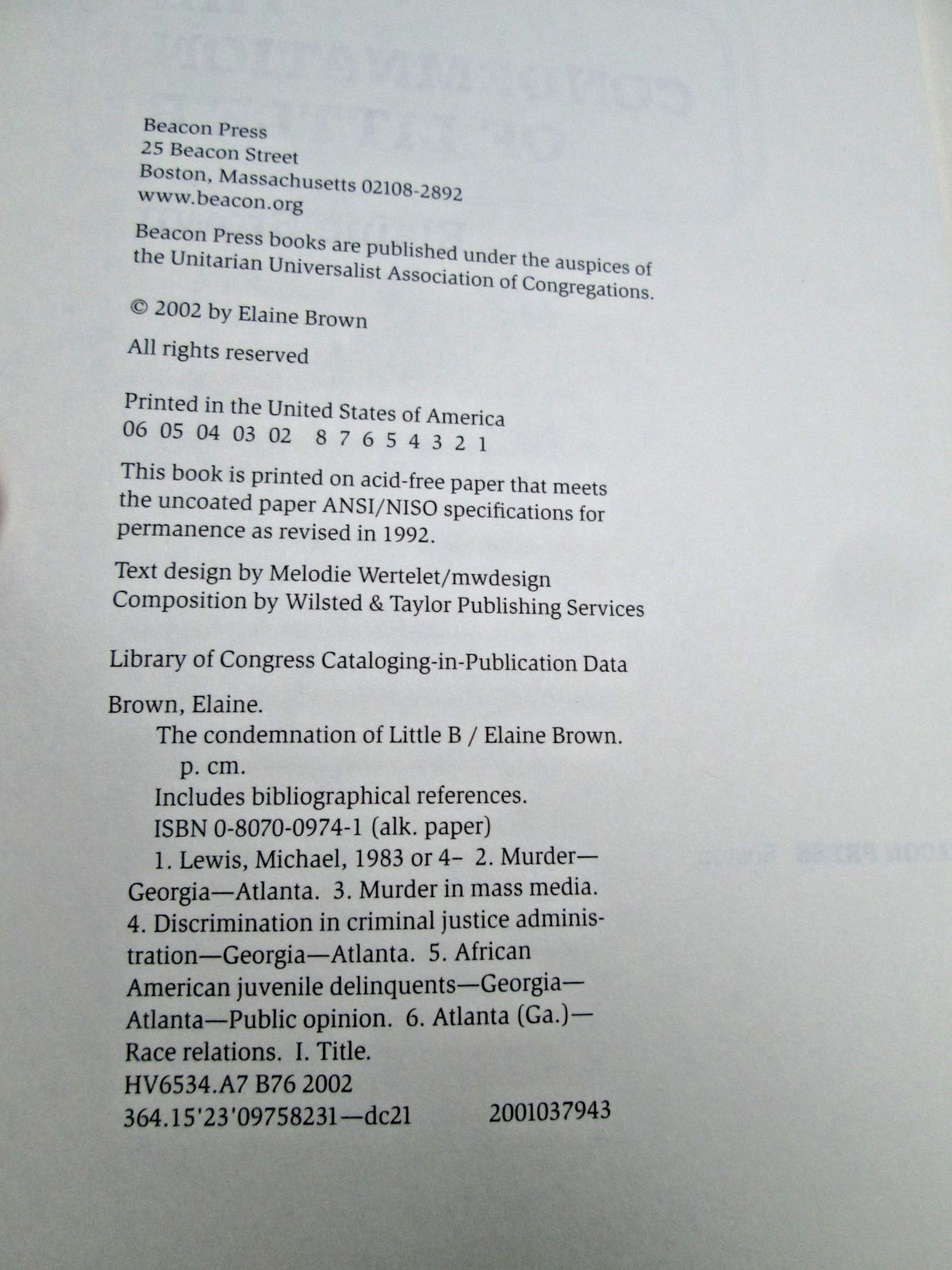 Condemnation of Little B. by Elaine Brown Beacon Press 2002 HCDJ
