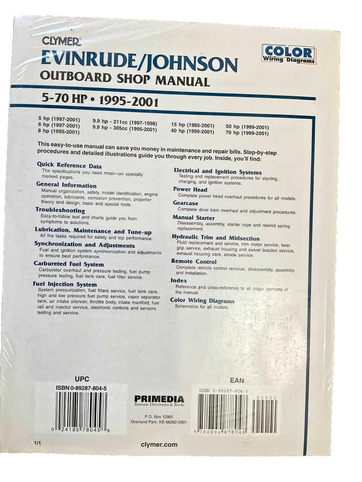 Clymer 1995.2001 Evinrude/Johnson Outboard Shop Manual 5-70HP 4-Stroke B753 NEW