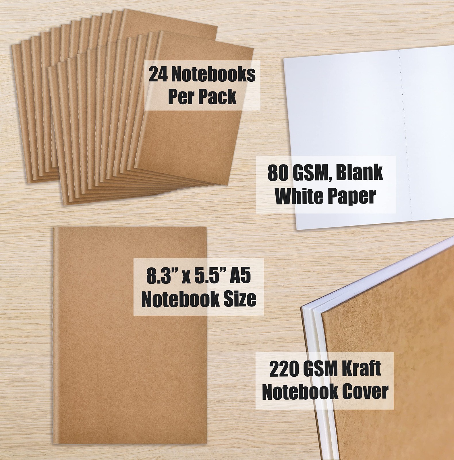 Kraft Notebooks 24 Pack, Blank Unlined, 8.3 in x 5.5 in, A5 Size, 60 White Pa…