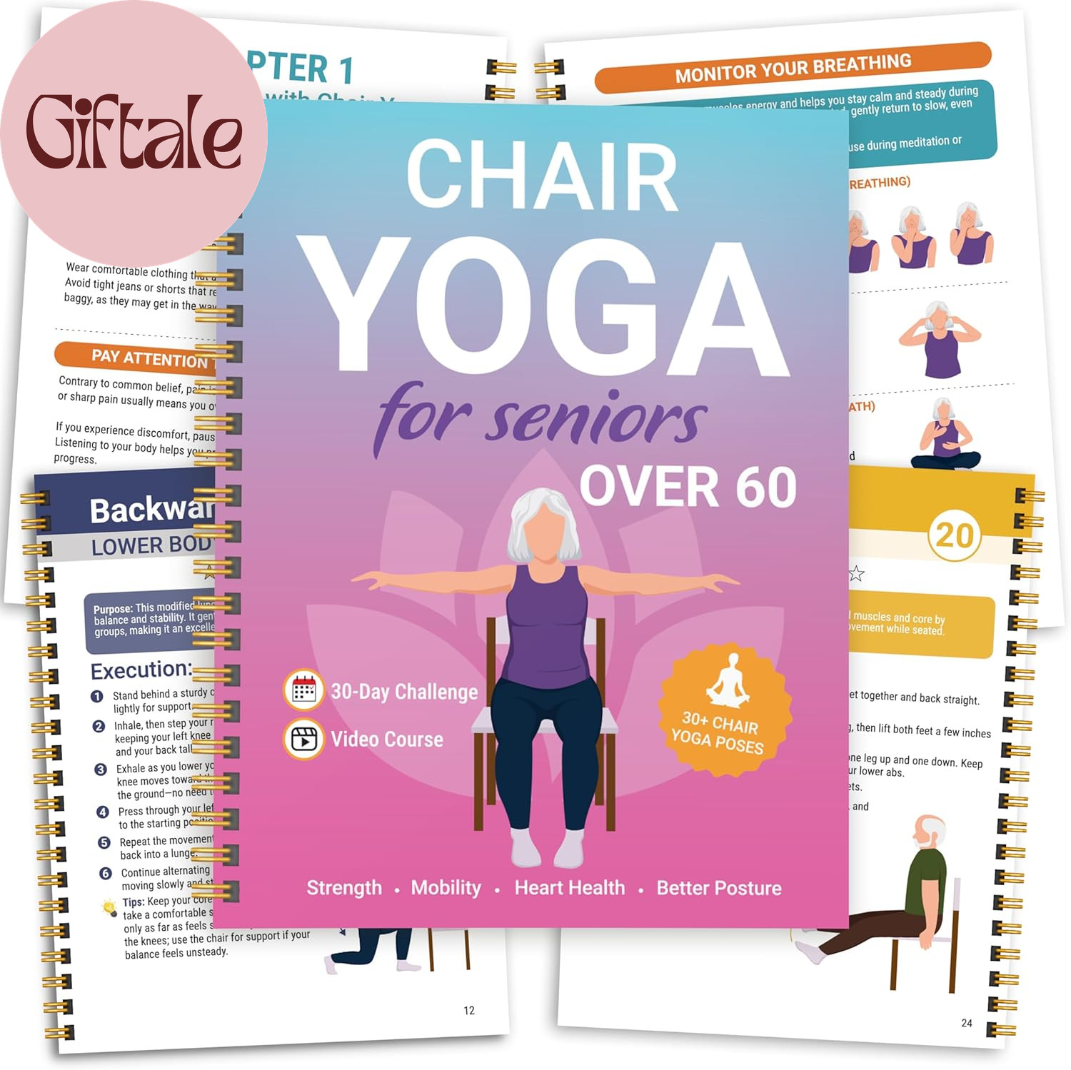 Chair Yoga for Seniors over 60 Book and Chart, 30 Poses with Video Guide, Spiral