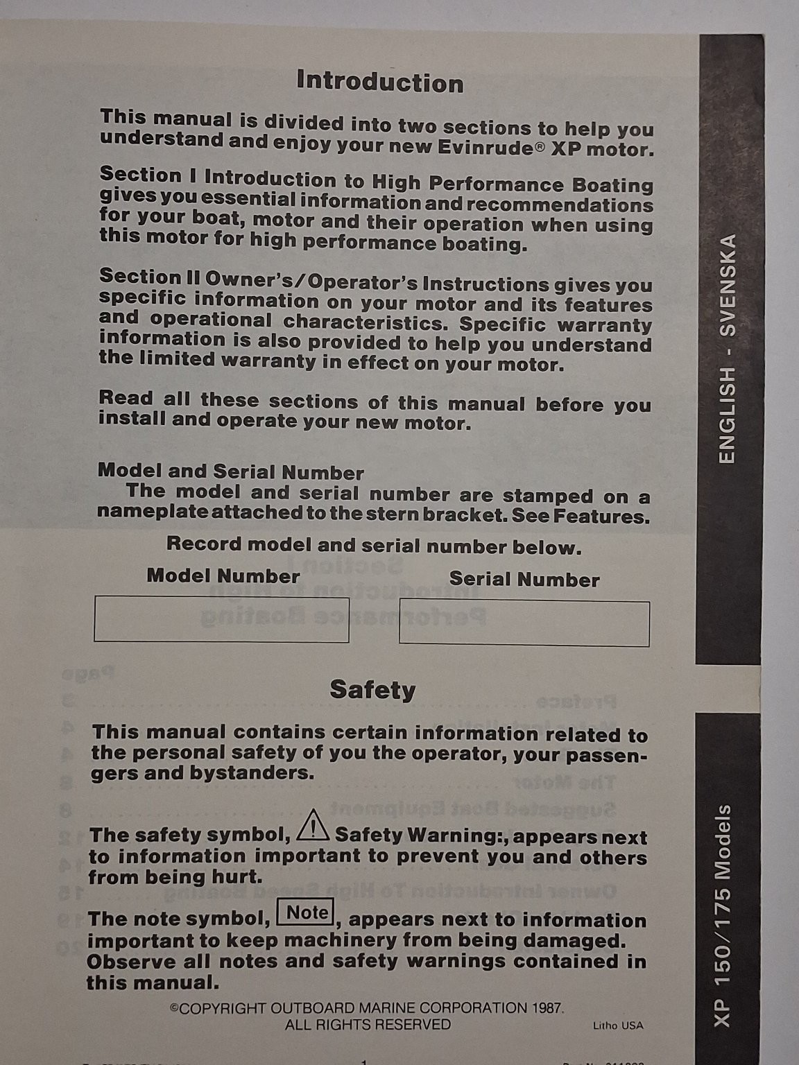Evinrude XP 150/175 Outboard Motor Manual 1987 Multilingual OMC