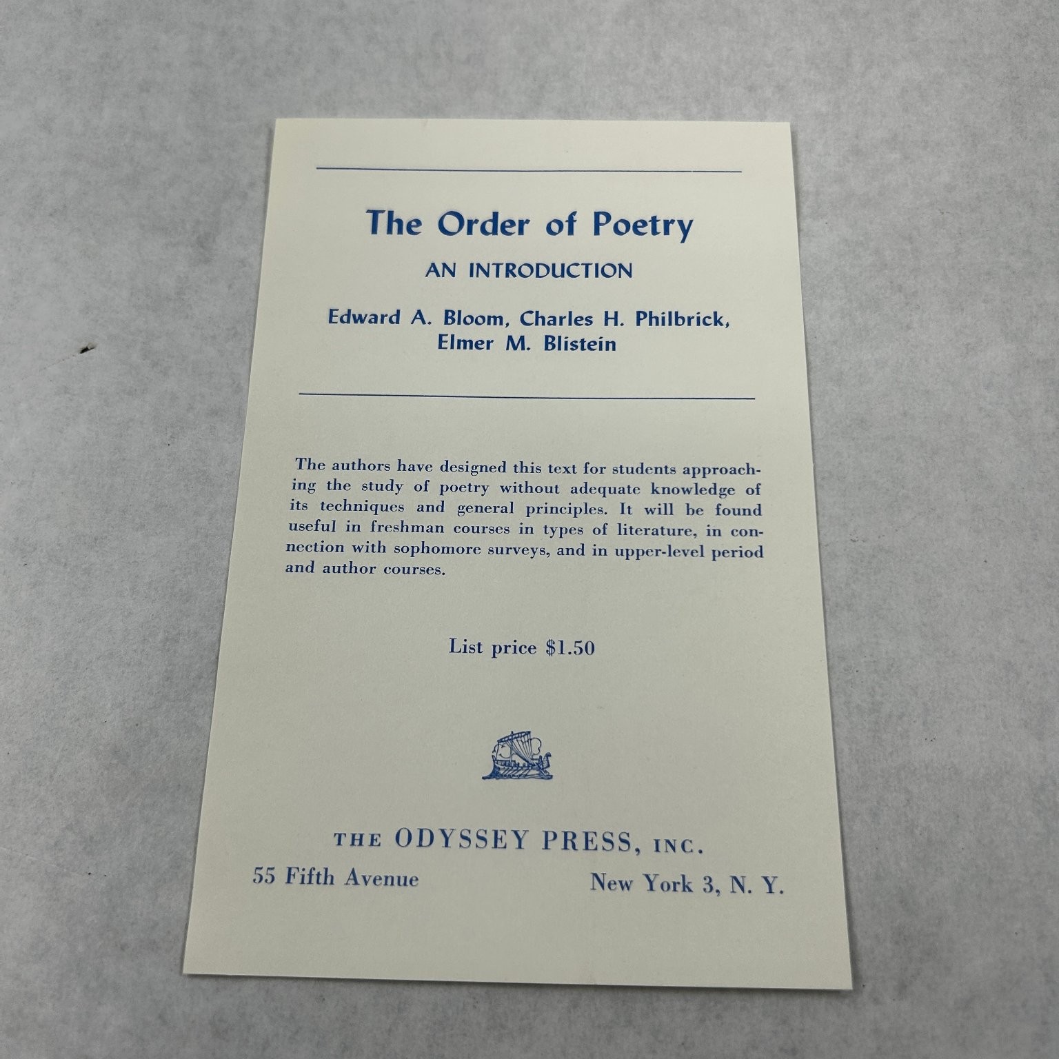 The Order of Poetry Bloom Philbrick Blistein 1961 First Printing