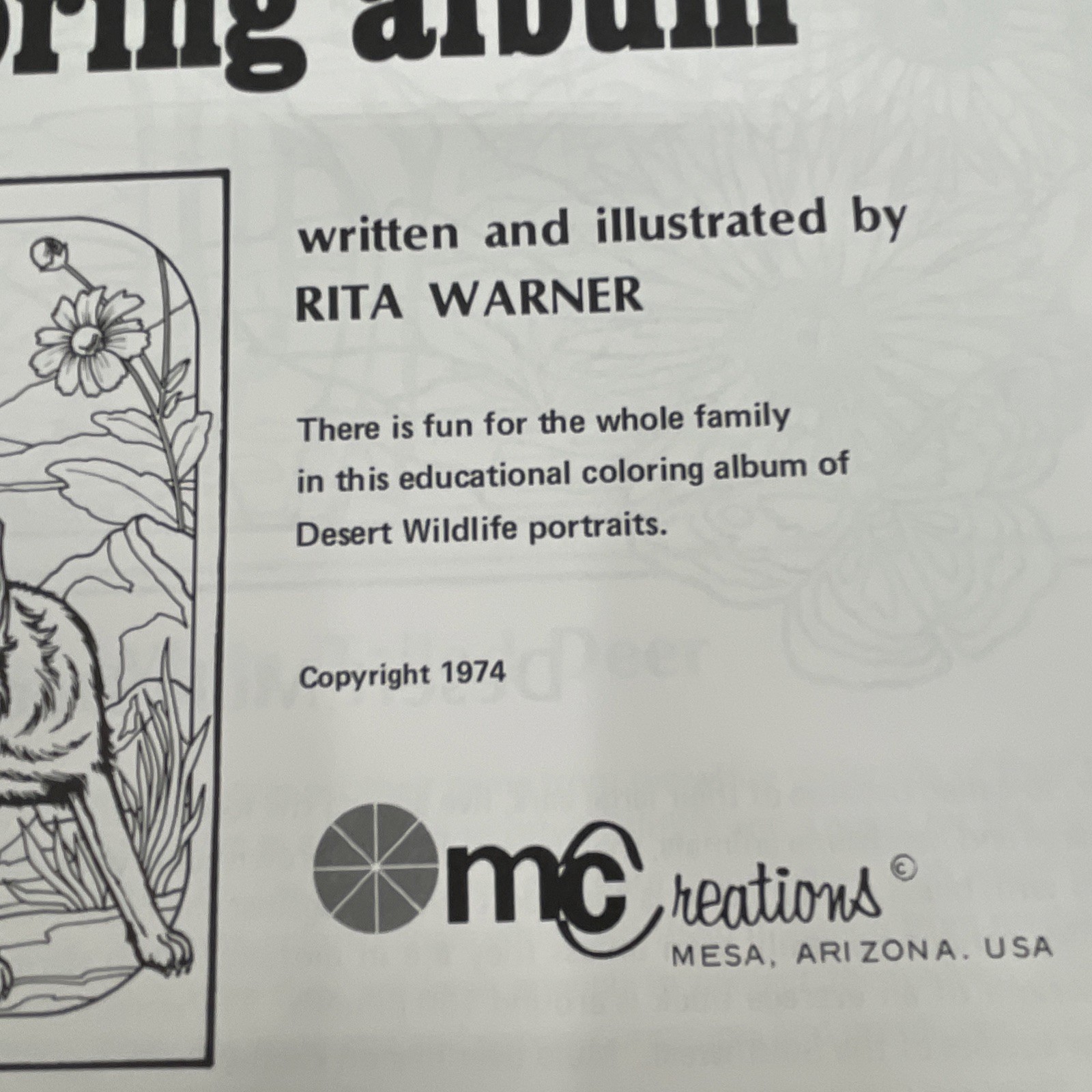 Desert Wildlife of the Southwest Coloring Album Book 1974 Rita Warner Deer Fox
