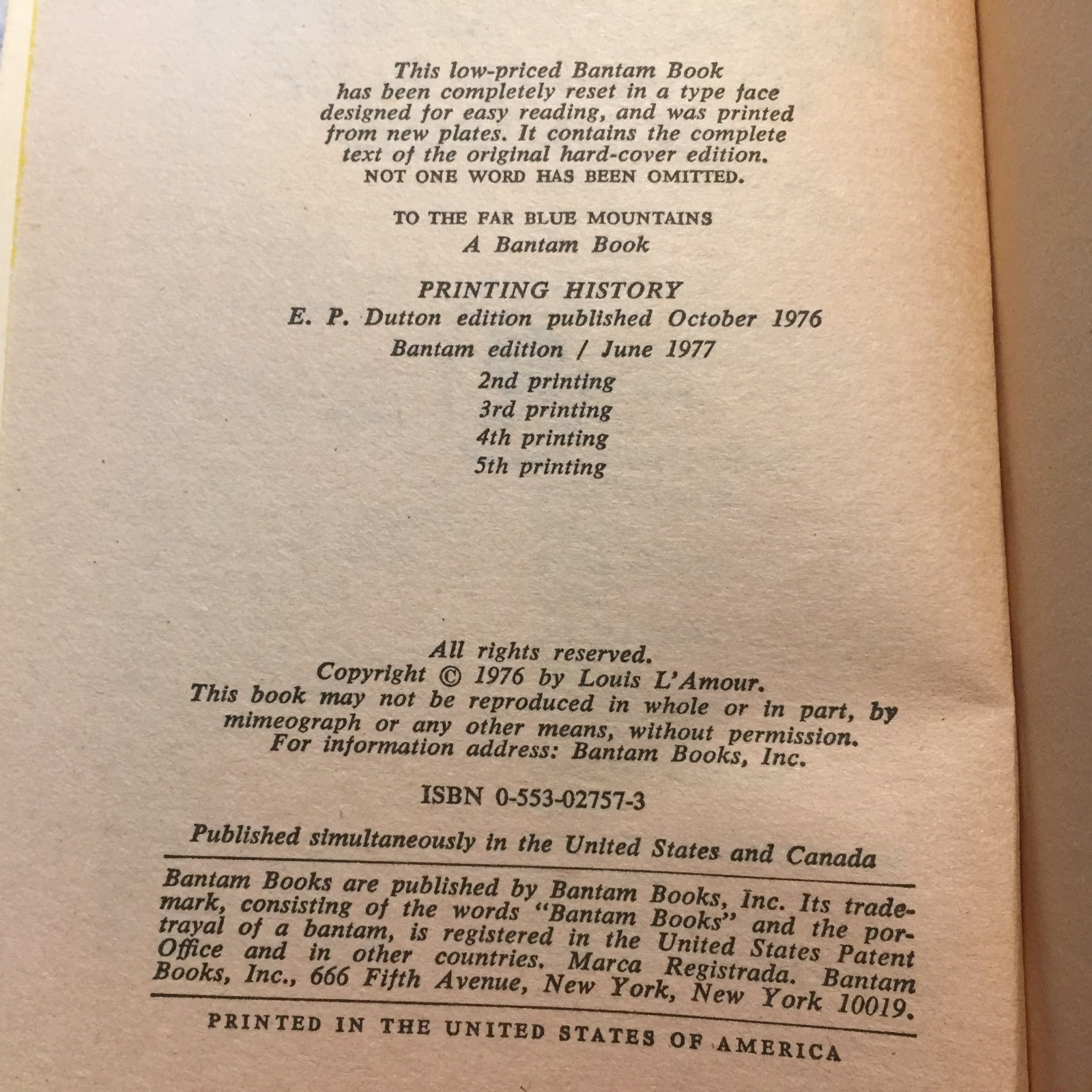 To The Far Blue Mountains Louis L’Amour 1977 Bantam Transatlantic Flight Western