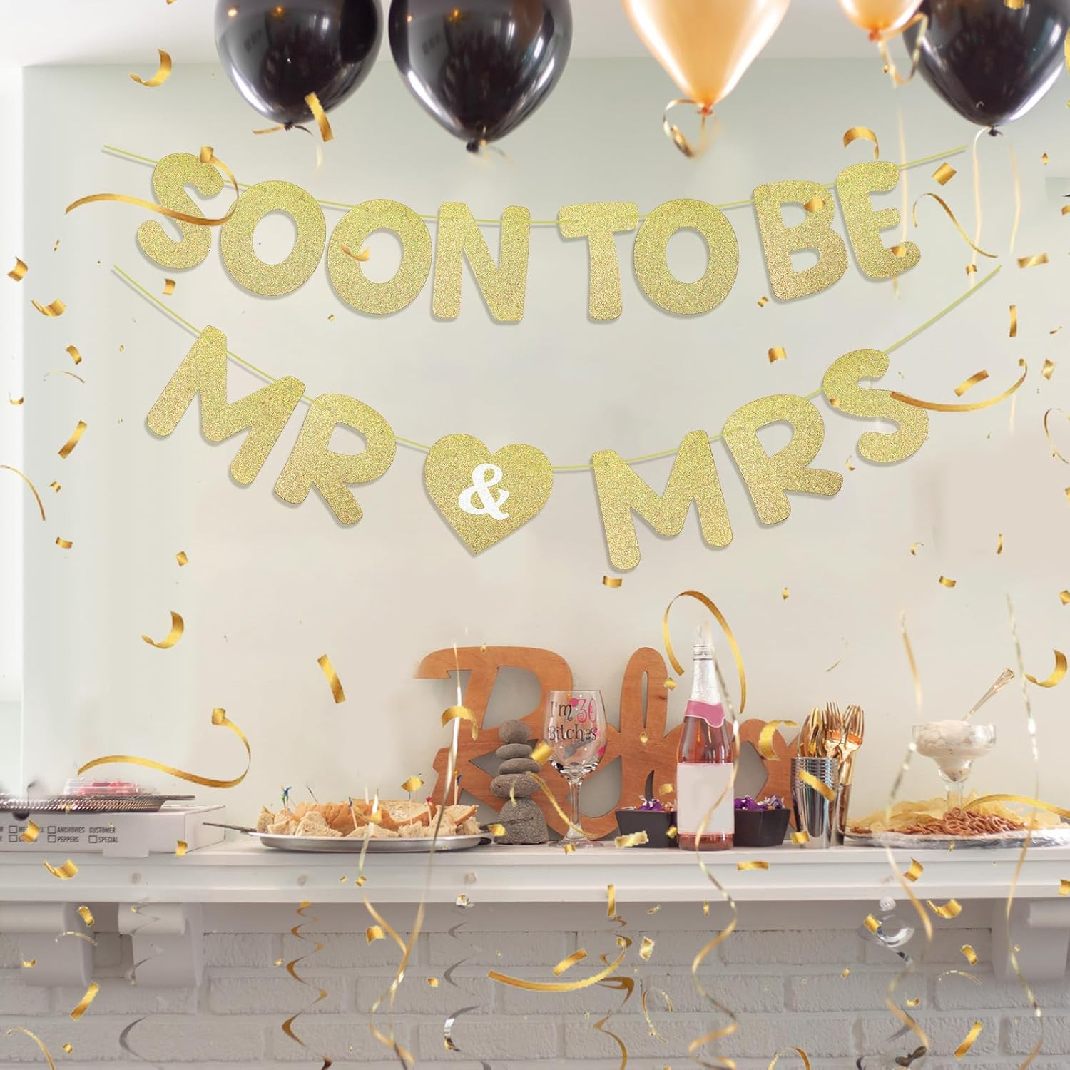 Soon to Be Mr & Mrs Banner for Bridal Shower Decorations Pre-Strung Gold Glitter