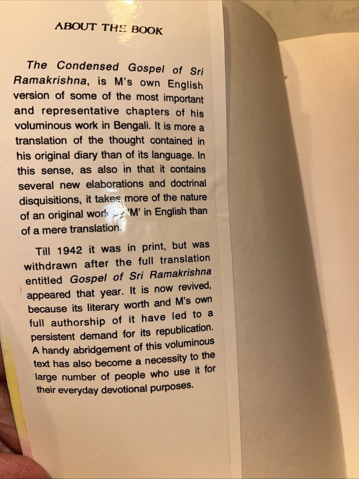 THE CONDENSED GOSPEL OF SRI RAMAKRISHNA According To M SC 1987