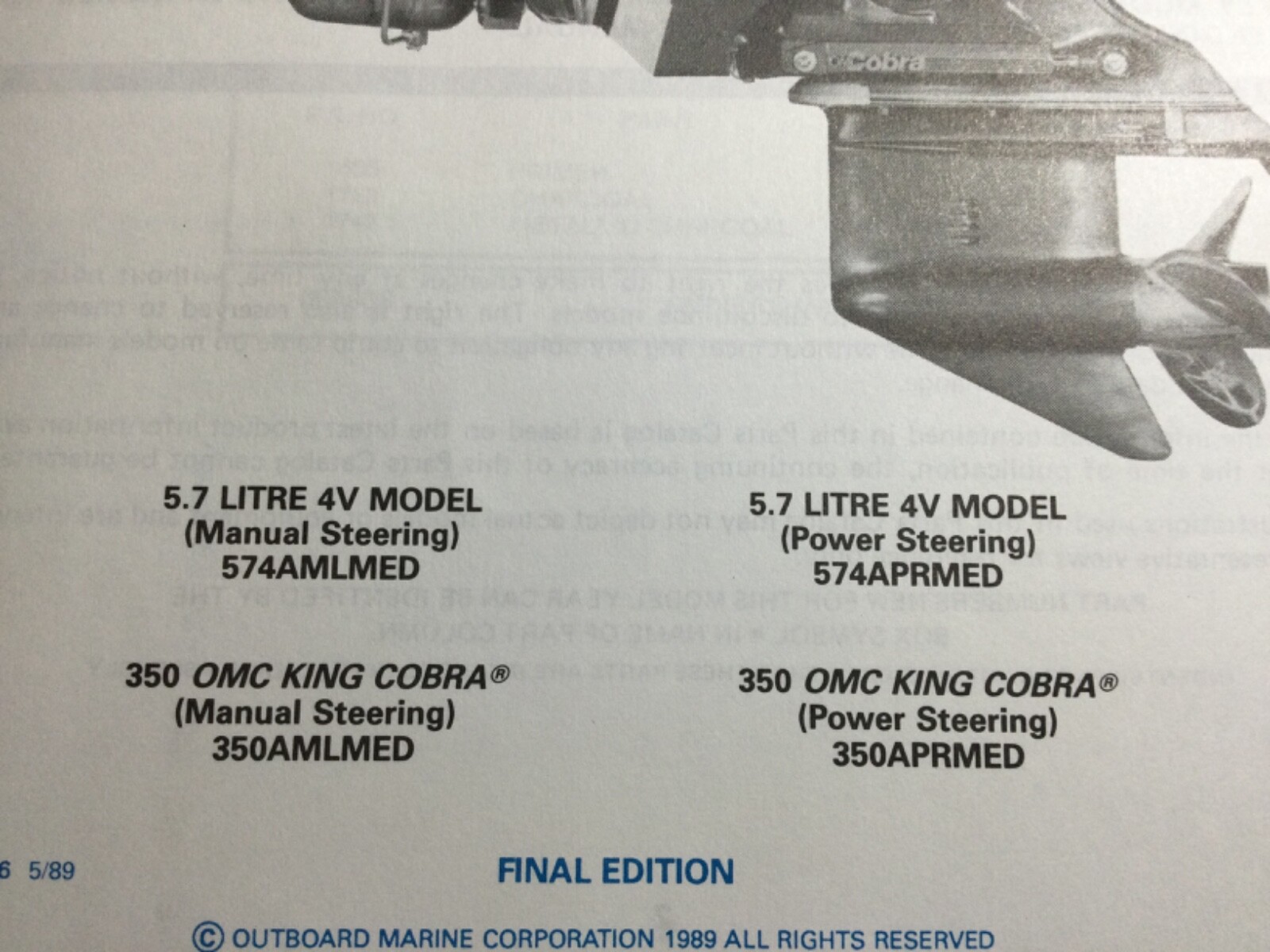 1989 OMC Cobra 5.7L & King Cobra 350 4V V8 Stern Drive Parts Catalog