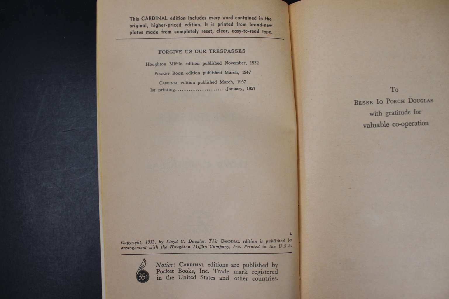 Forgive Us Our Trespasses Lloyd C. Douglas 1957 Cardinal Edition Pocket Books PB