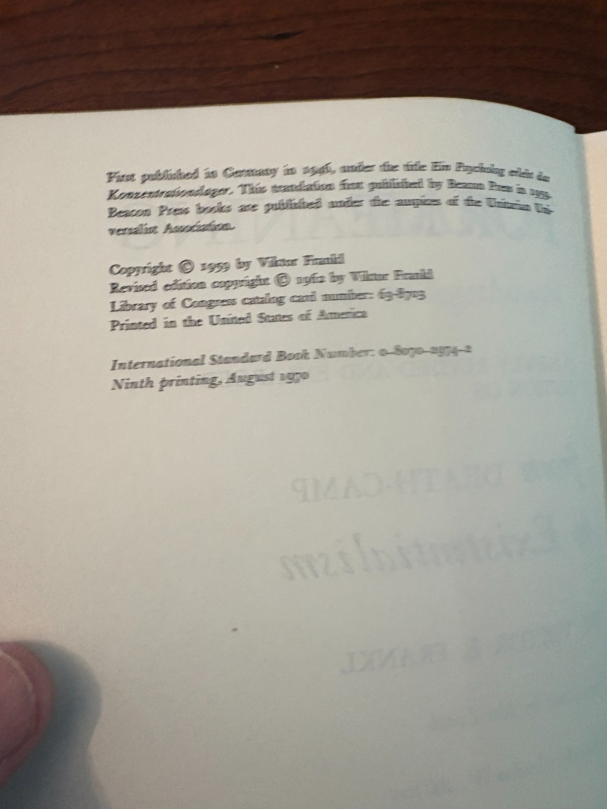 Man’s Search for Meaning by Victor E. Frankl – Revised Edition 9th Printing 1970