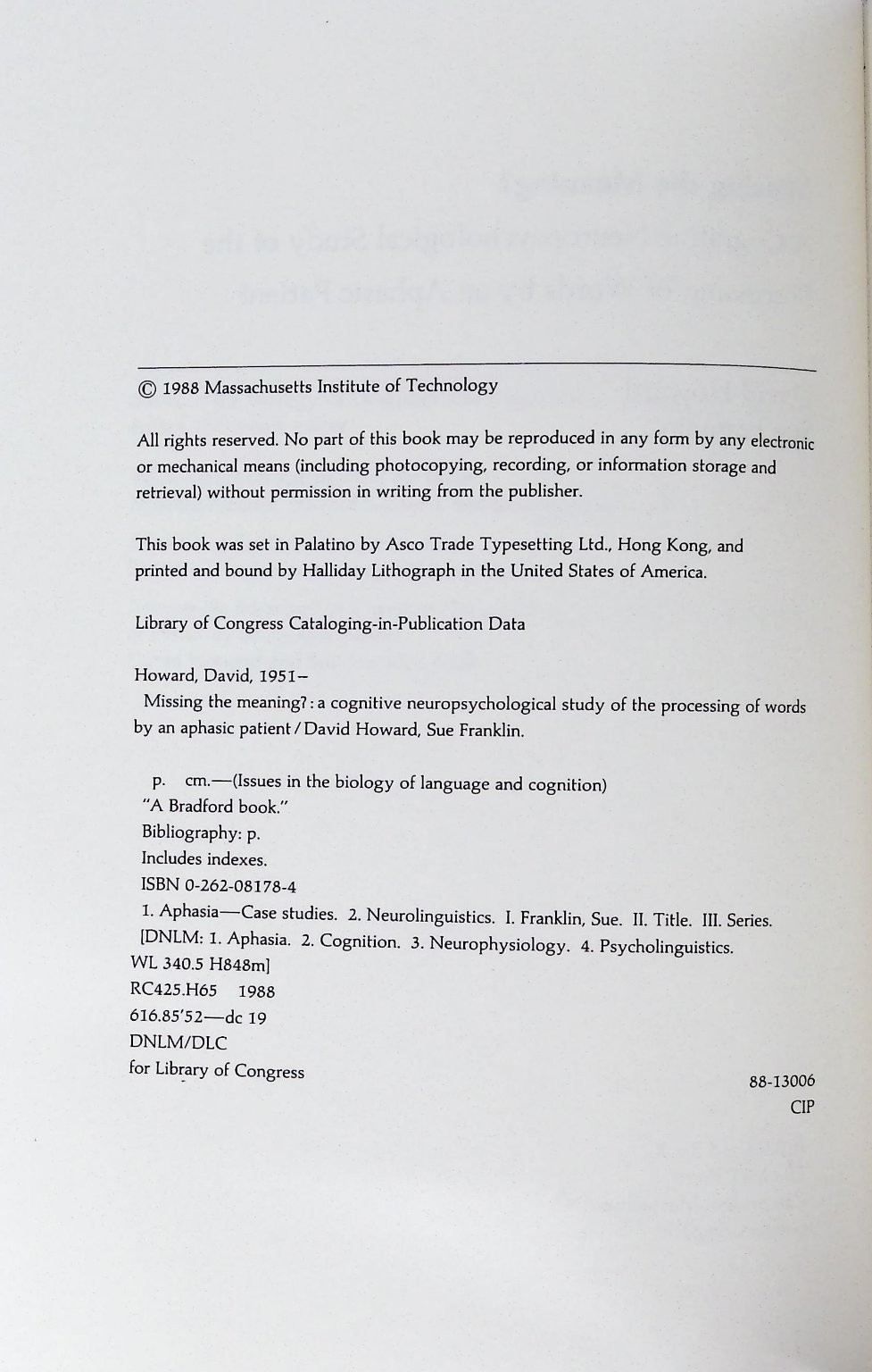 Missing the Meaning? Howard Franklin 1988 First Ed Aphasia MIT Press