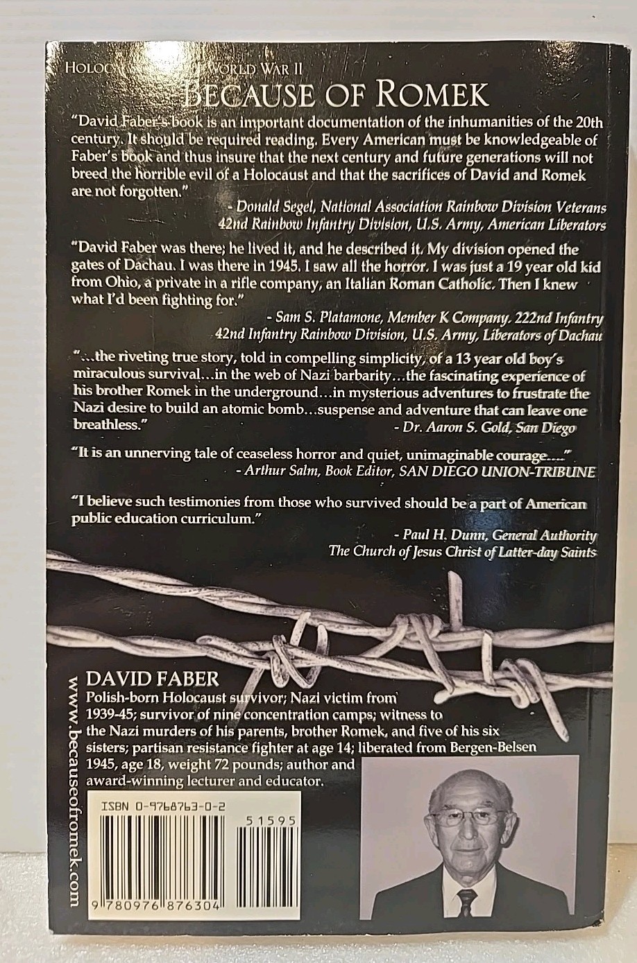 Signed: BECAUSE OF ROMEK: A Holocaust Survi… by David Faber (2005 HC 2nd Ed)