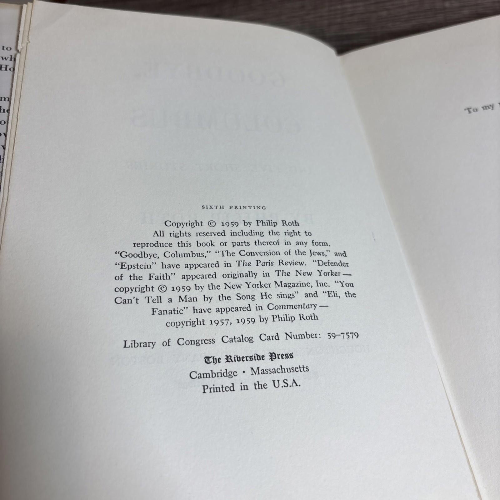 GOODBYE, COLUMBUS 1959 Philip Roth 1st Edition 6th Print