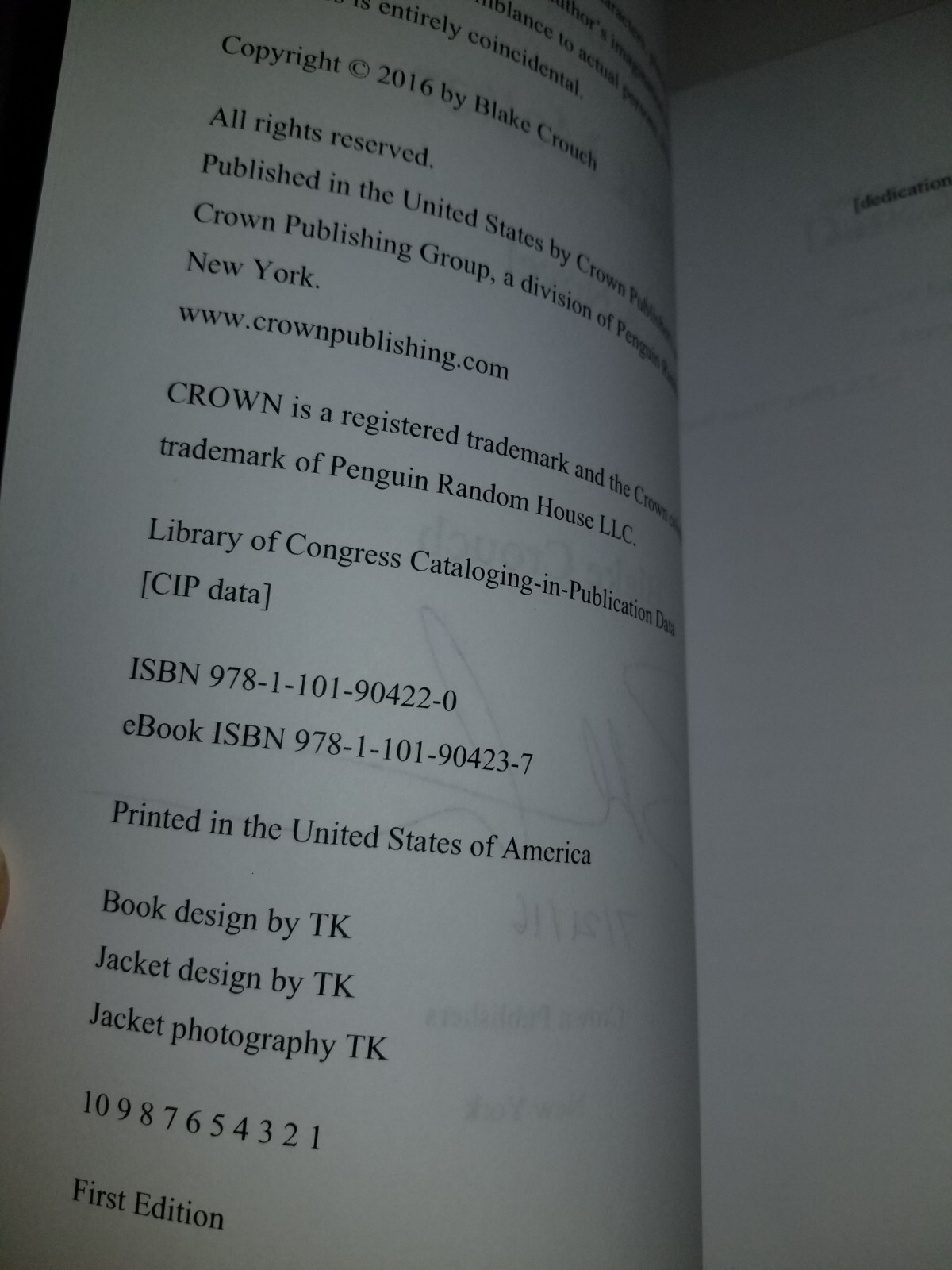 SIGNED AND DATED Dark Matter Blake Crouch Uncorrected Manuscript 2016