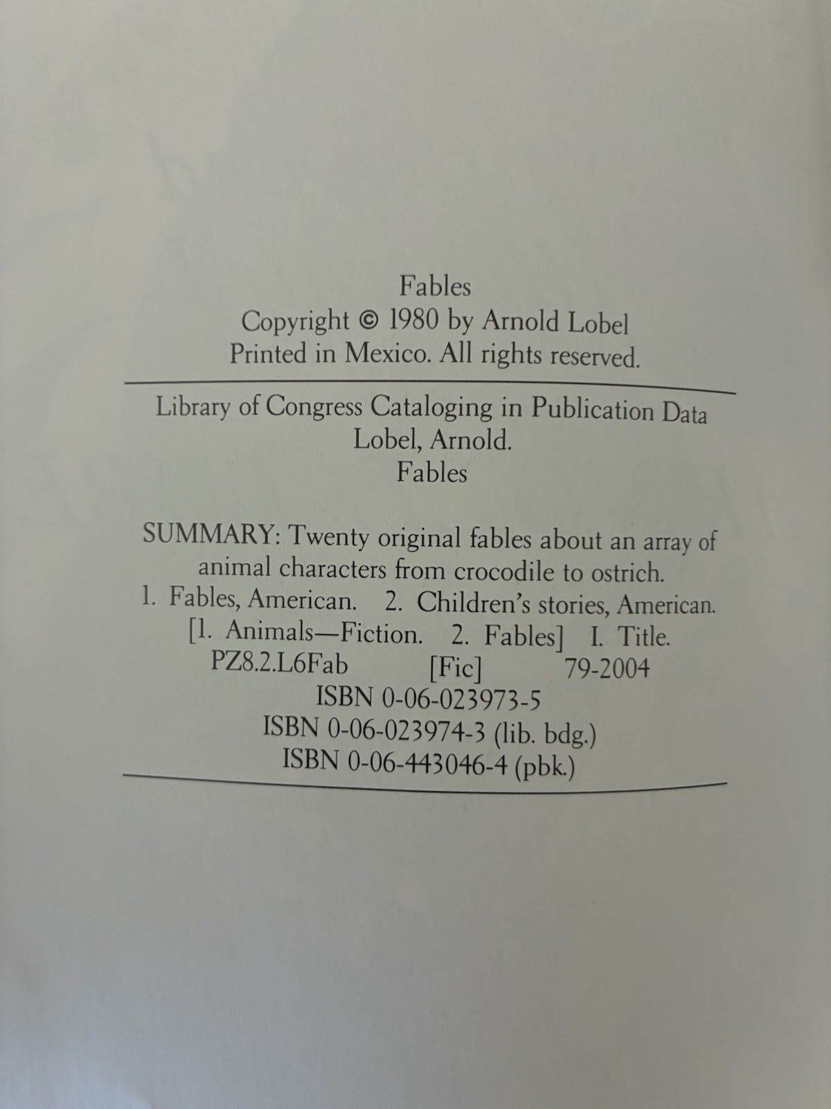 Fables by Arnold Lobel 1980 HarperCollins Trade Paperback Book Caldecott Medal