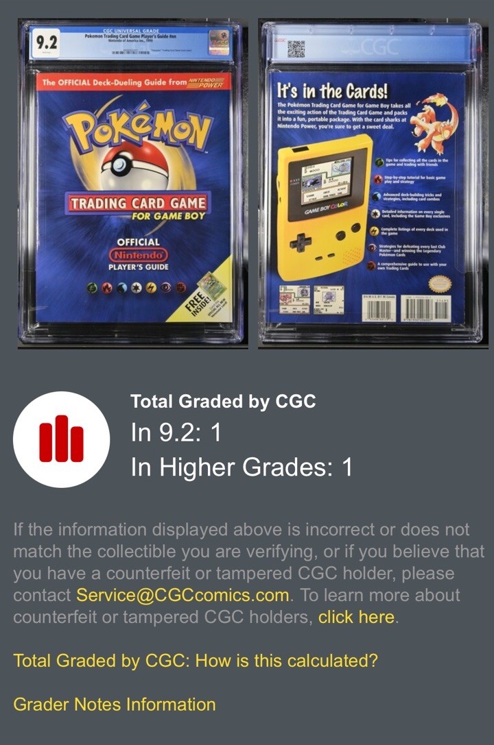CGC 9.2 Official Pokémon Trading Card Game Nintendo GB Players Guide POP 1