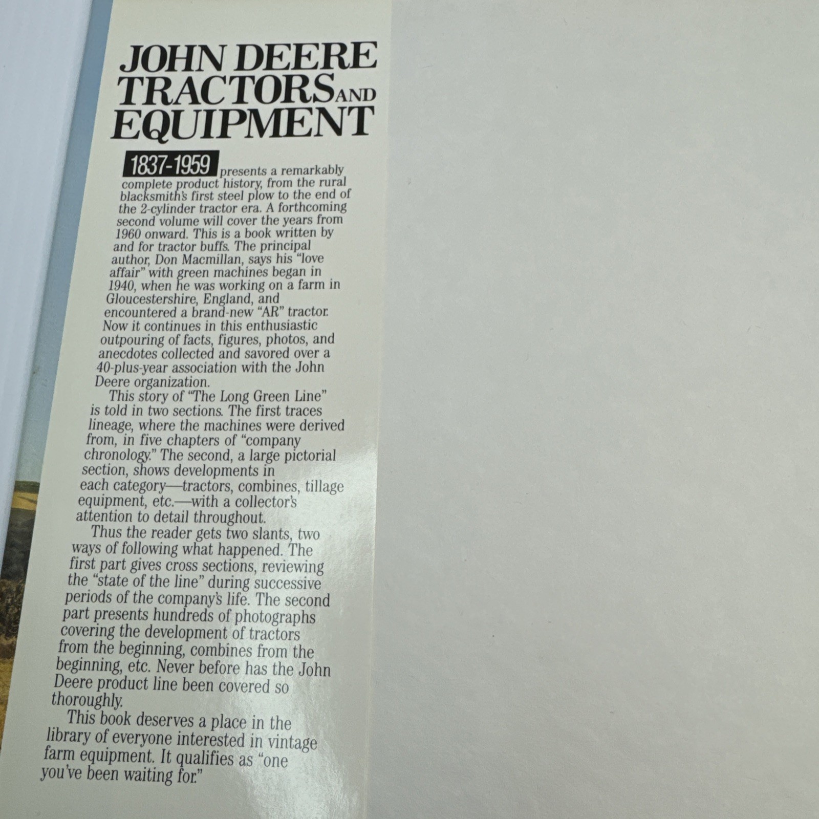 John Deere Tractors and Equipment Volume One 1837-1959 Macmillan & Jones HC 1988