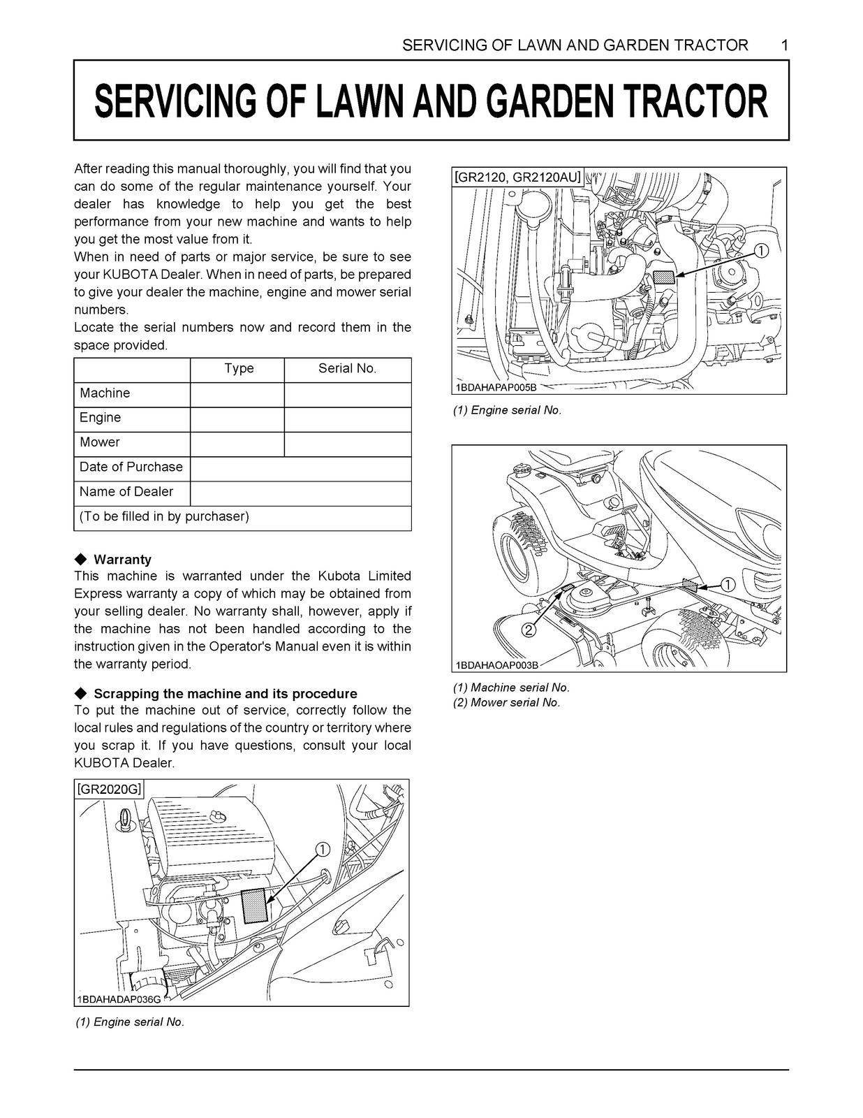 KUBOTA GR2020G GR2120 GR2120AU Operators Manual 2017 – BOUND – COVERS – FOLDOUTS