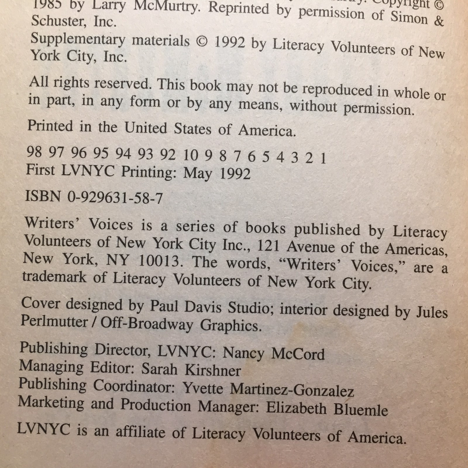 Selected From Lonesome Dove Larry McMurtry 1992 Literacy Volunteers Of New York