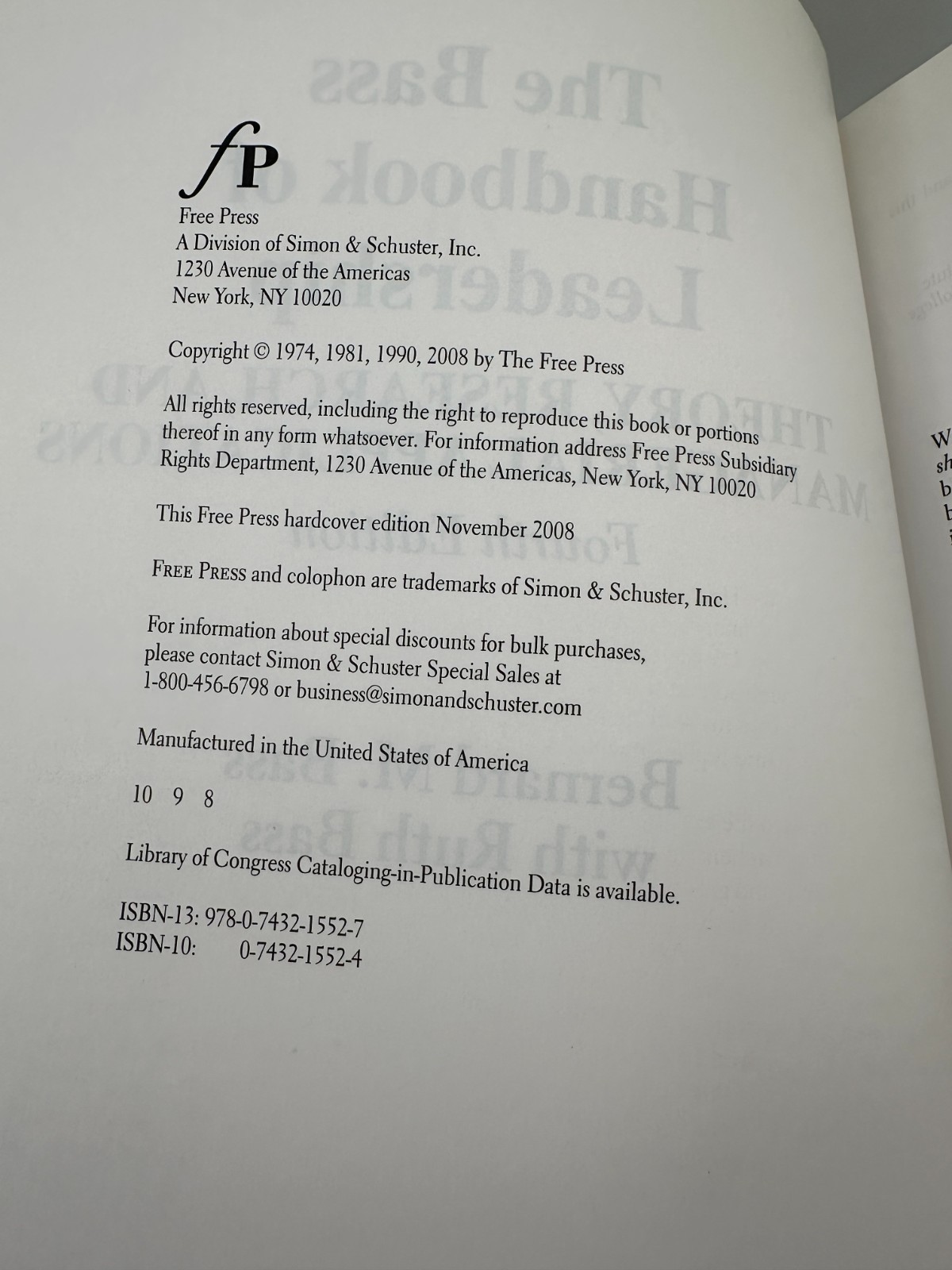Bass Handbook of Leadership 4th Ed Bernard M Bass HC 2008