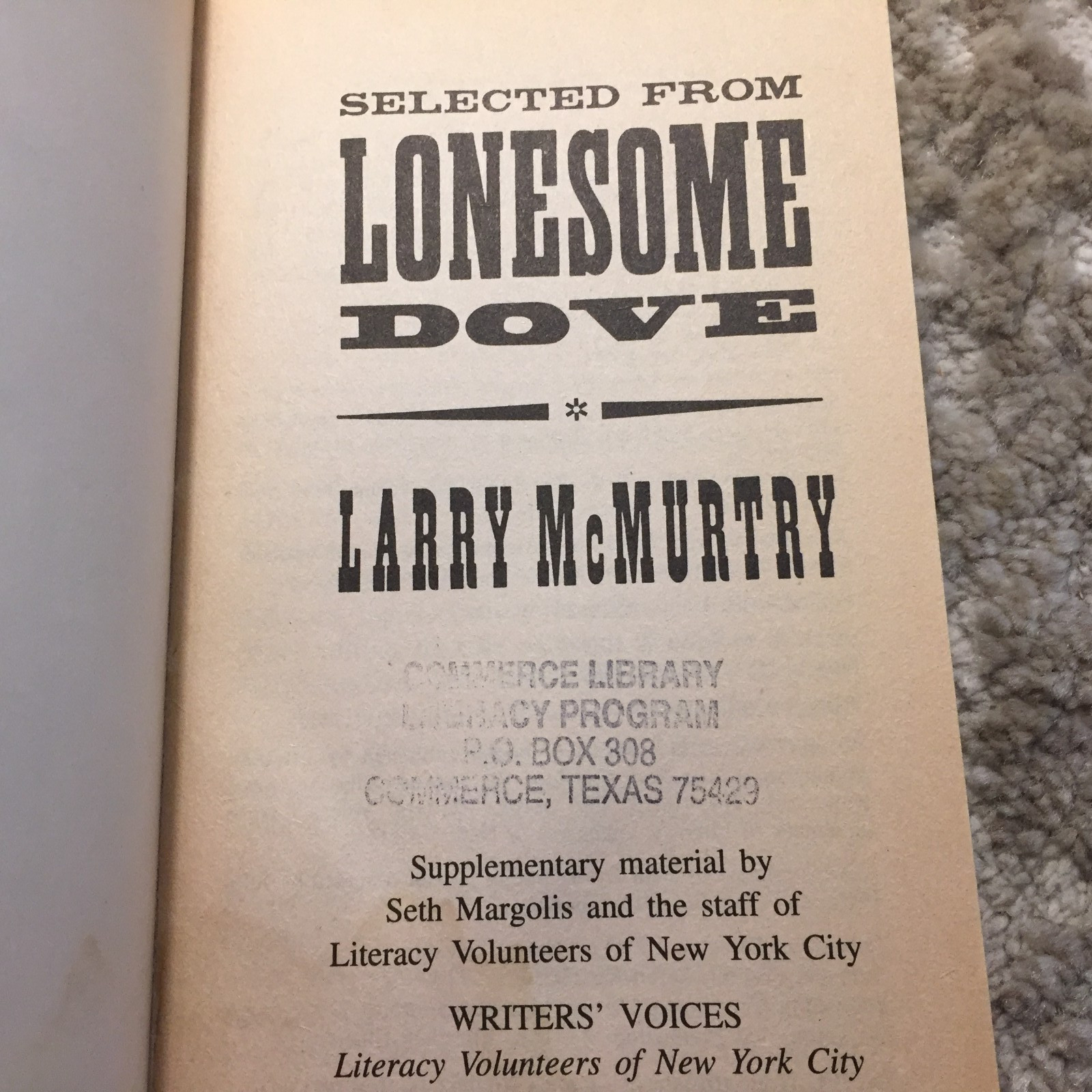 Selected From Lonesome Dove Larry McMurtry 1992 Literacy Volunteers Of New York