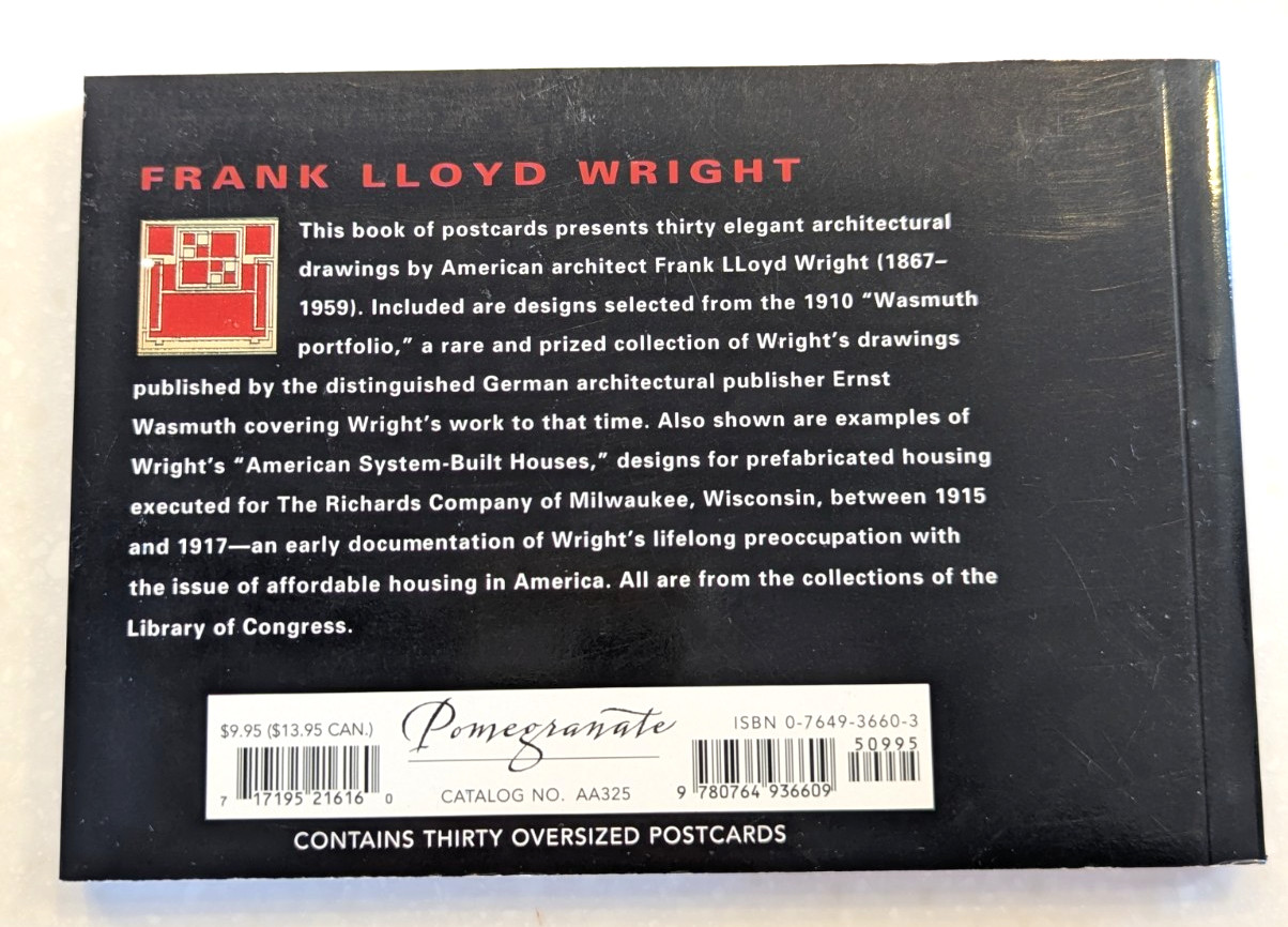 Frank Lloyd Wright: Residences for America Wasmuth Book of 30 Postcards 2006 NOS