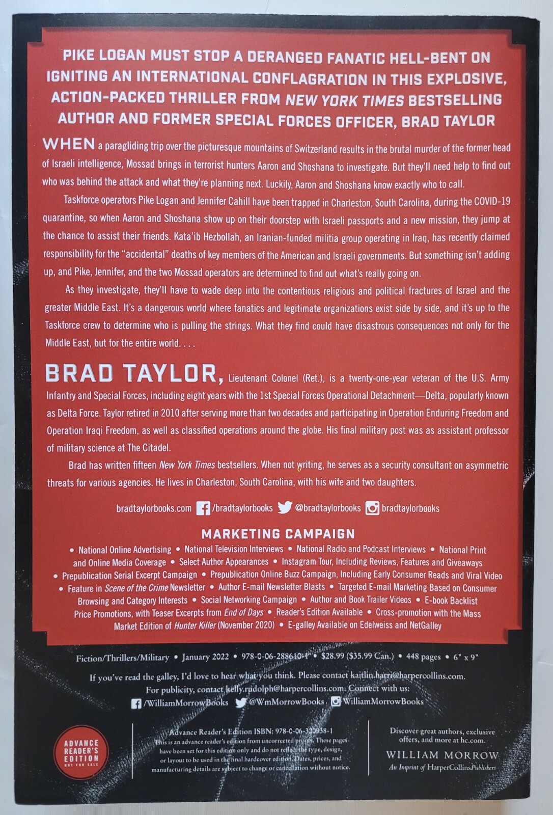 End of Days by Brad Taylor Paperback Advance Copy (2022) NEW & UNREAD