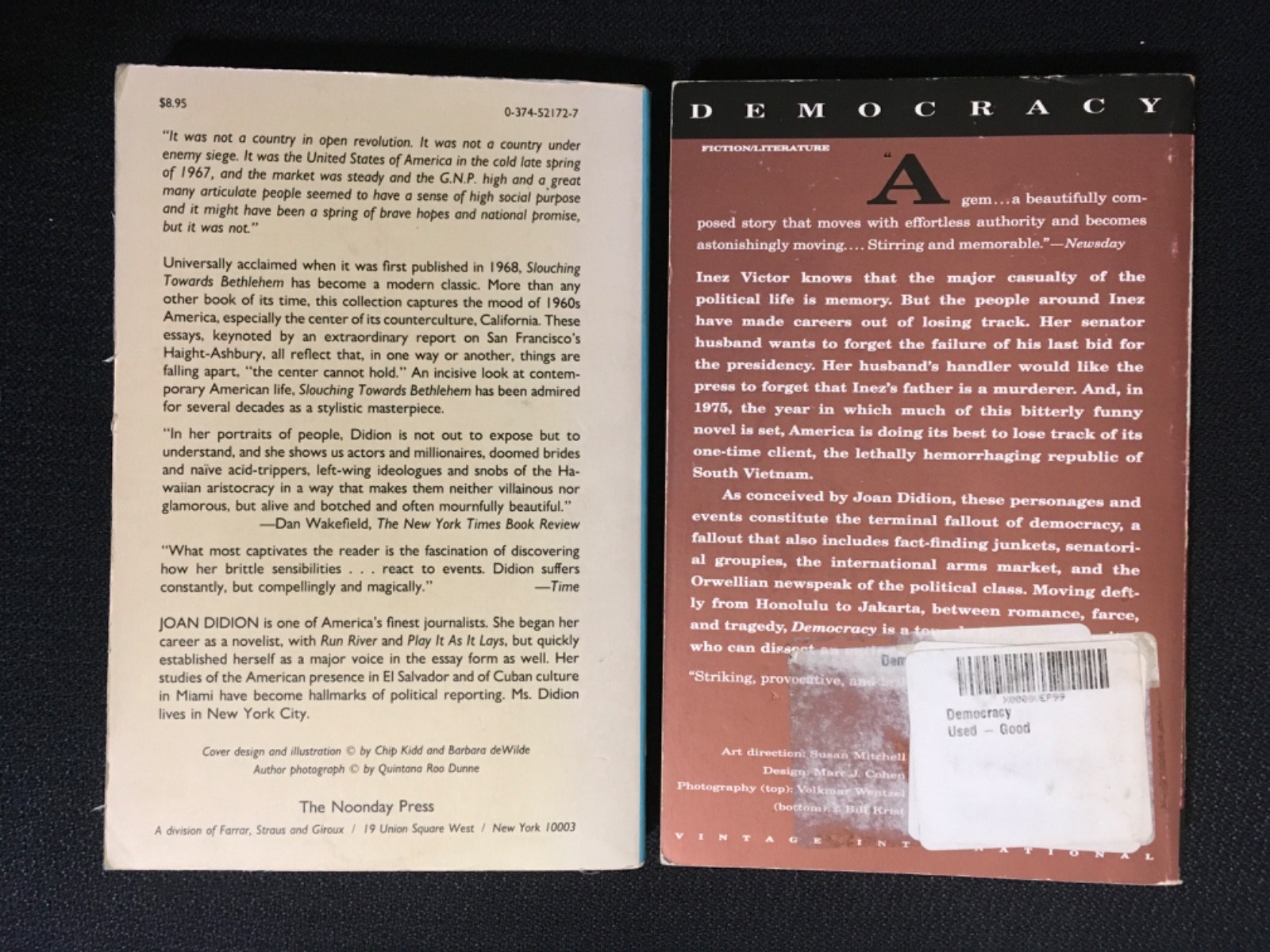 Lot 2 JOAN DIDION – Slouching Towards Bethlehem + DEMOCRACY Novel Politics Humor