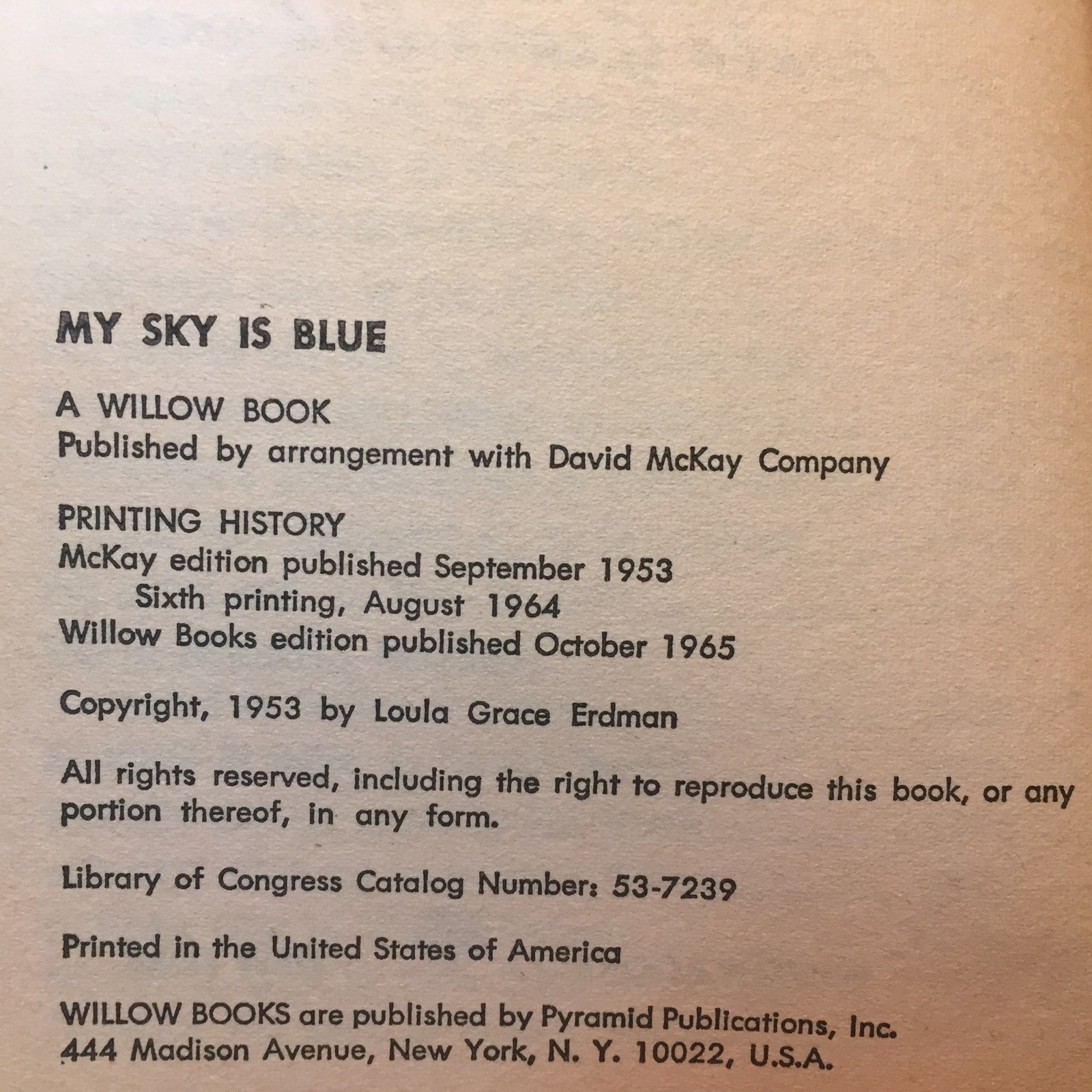 My Sky Is Blue Loula Grace Erdman 1965 Willow Books School Story Romance Book