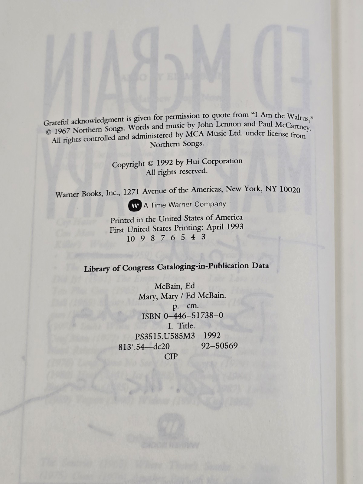 Mary, Mary by Ed McBain – SIGNED AUTOGRAPHED 1993 Hardcover