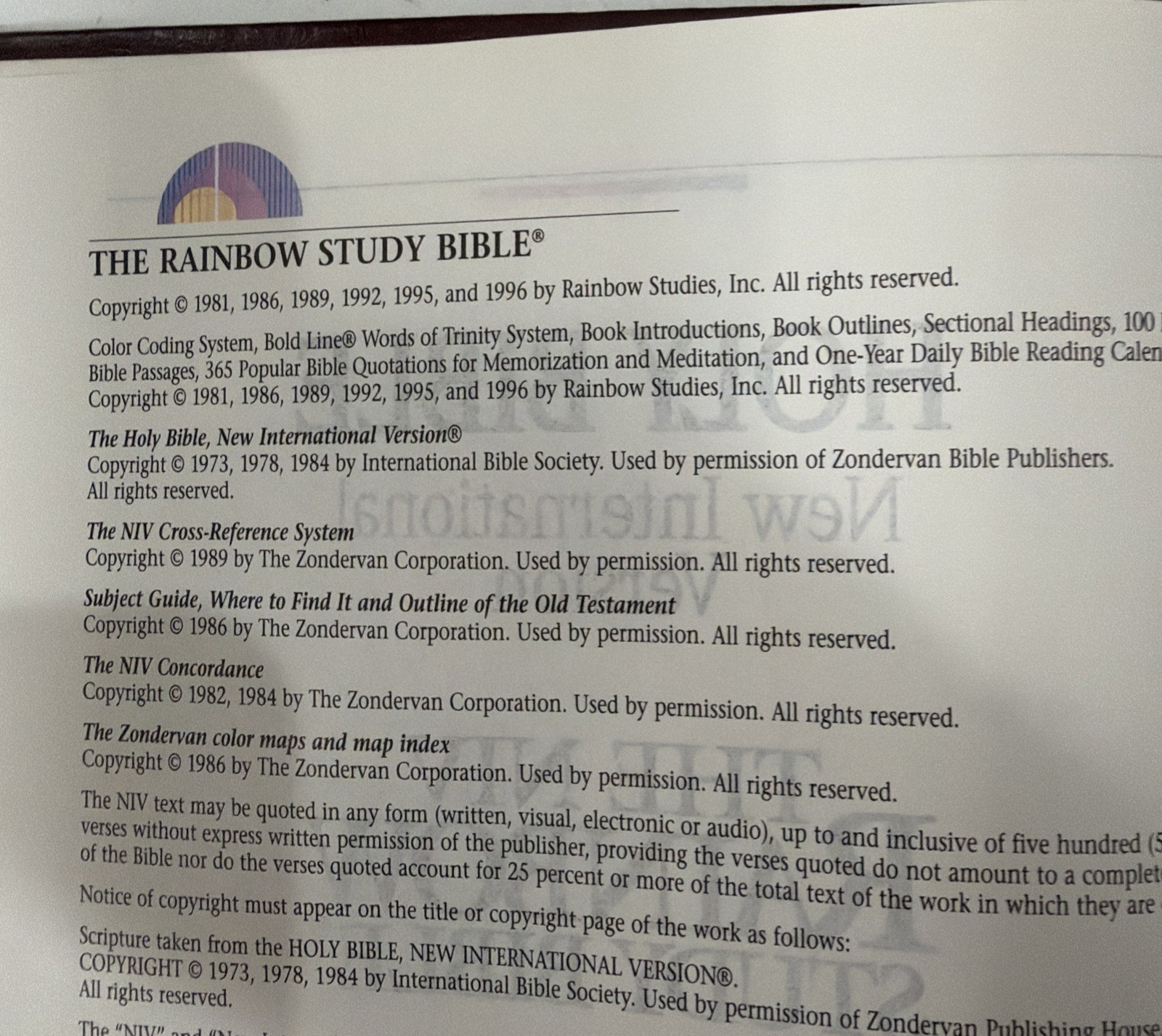 NIV Rainbow Study Bible 1996 Hardcover 1,584 Pgs 1984 Text Bold Line CLEAN