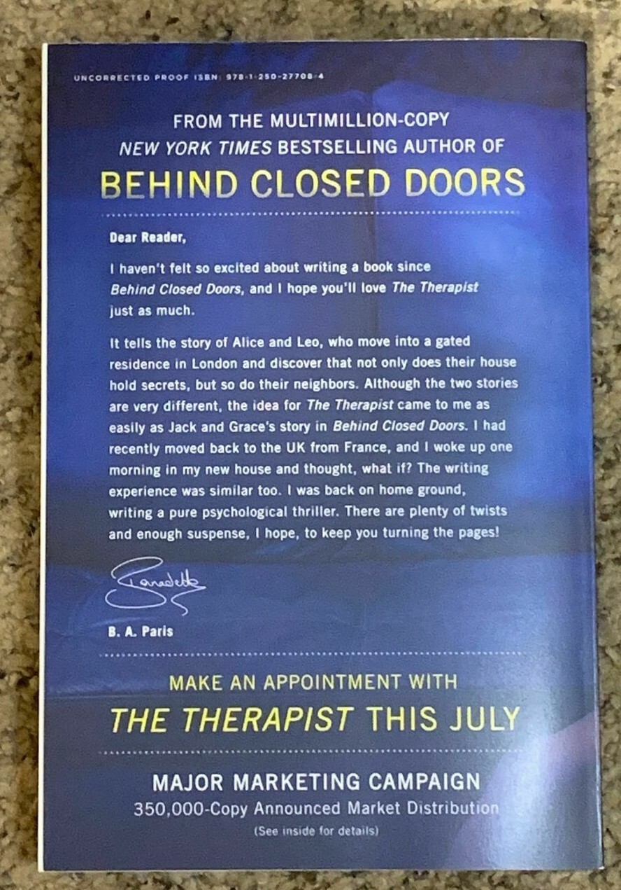 The Therapist by B. A. Paris Collectible Advance Reading Copy